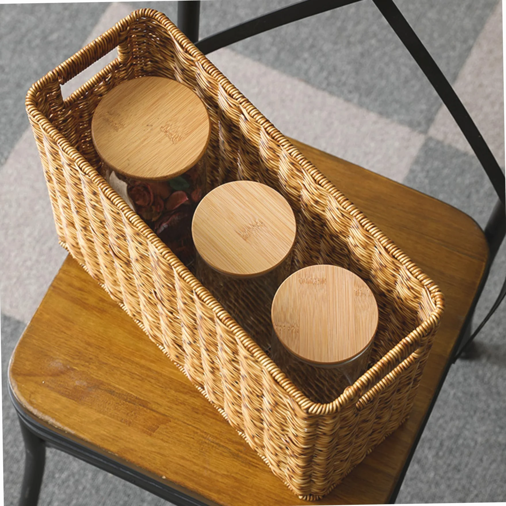 Portariviste in Rattan Intrecciato 15x10x9 Pollici Cestino Portaoggetti Rettangolare Marrone Chiaro