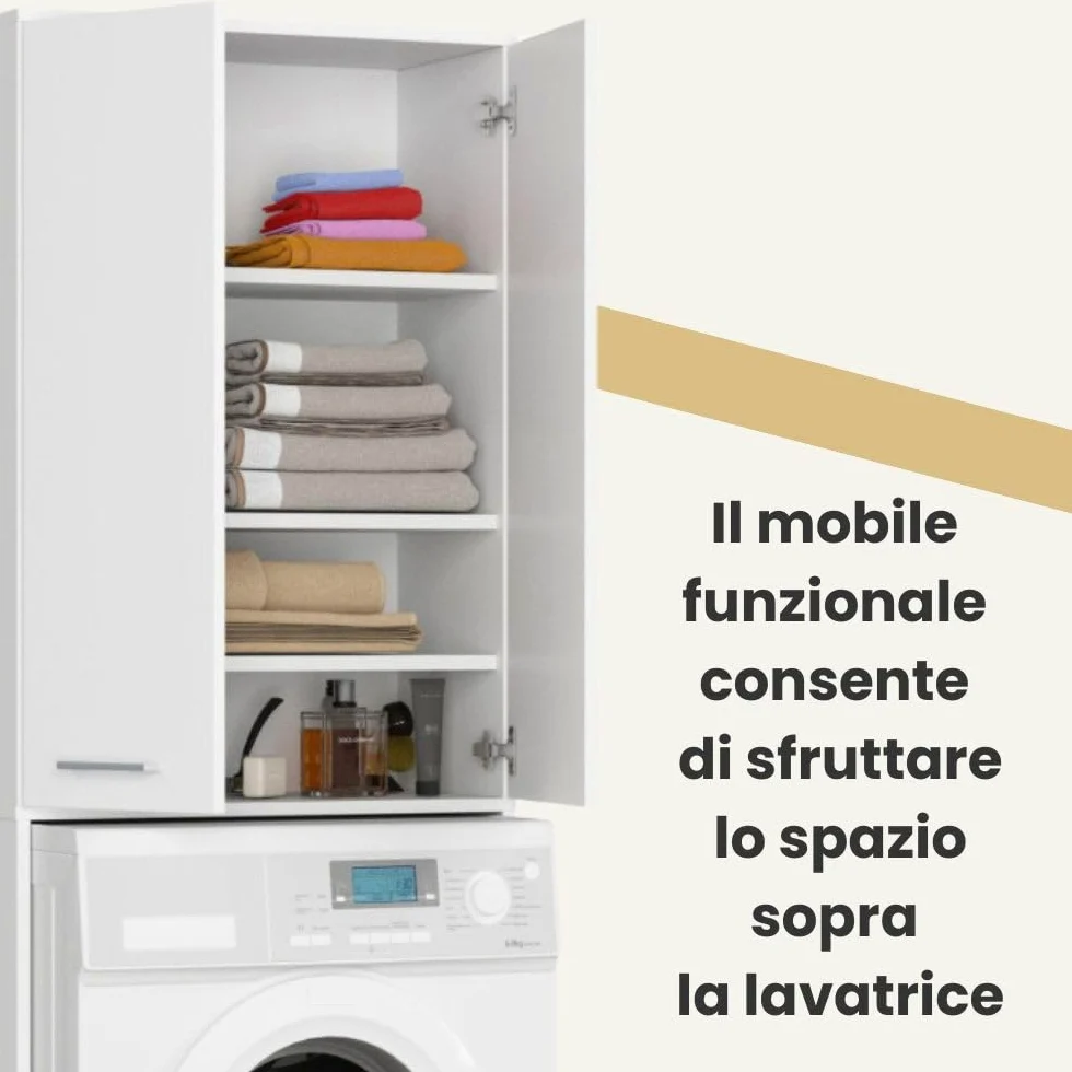 AKORD | Armadio Pensile per Lavatrice FIN 180 | Armadio di trasformazione con 2 Ante, 4 Ripiani | Archivio per bagno | Cassettiera per lavatrice | 64x180x30 cm | Bianco + Bianco Frontale