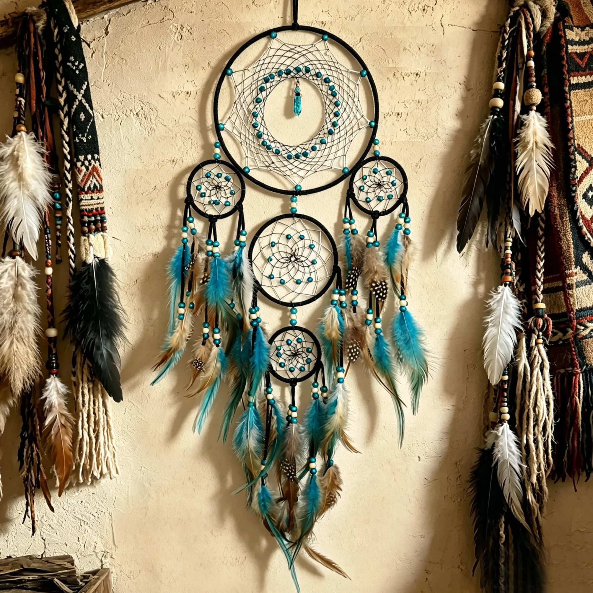 Acchiappasogni grande nero boho decorazione da parete con turchese ornamento da appendere per camera da letto adulto regalo