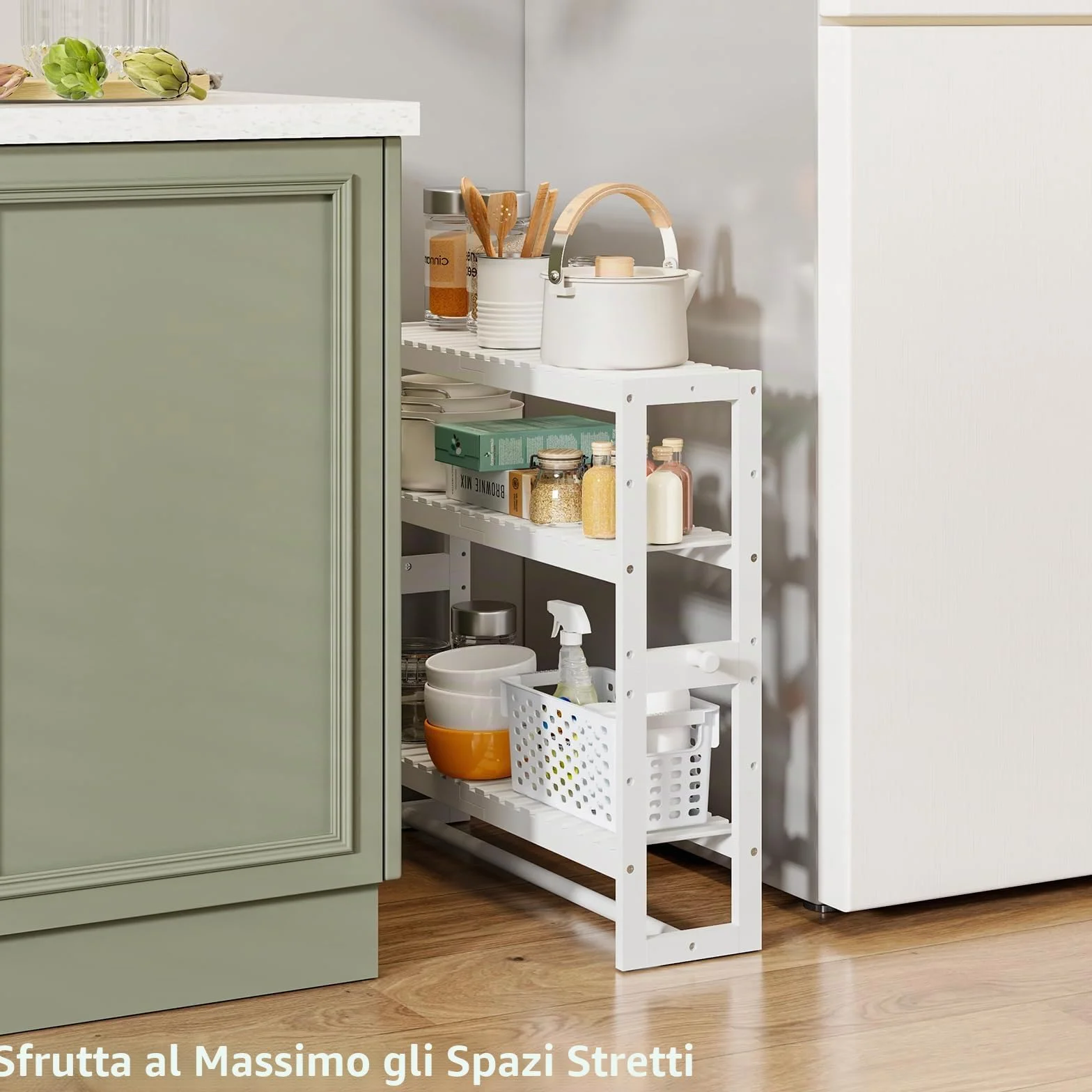 Mensola portaoggetti da bagno 50x53,2x15 cm 3 livelli regolabili bambù bianco con asta appendiabiti