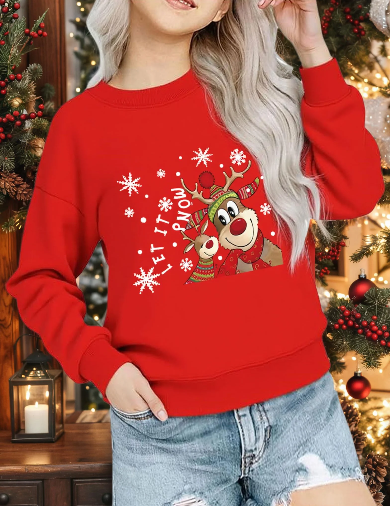 Felpe di Natale Rosso Ragazza Casual Manica Lunga Maglione di Natale Bambini Cotone Manica Lunga Stampa Natale Top 2-14 Anni