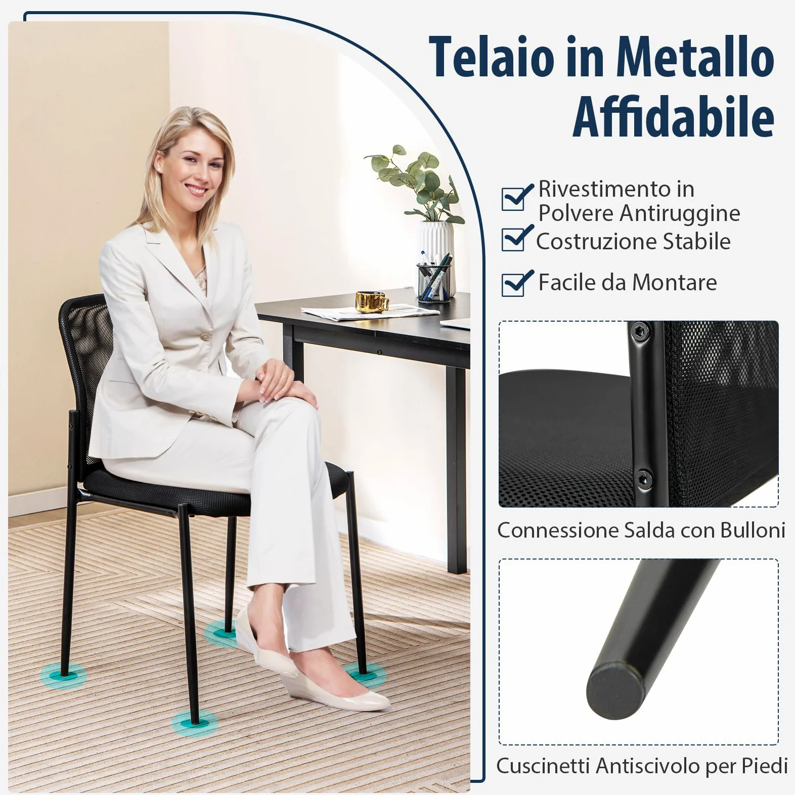 COSTWAY Set di 2 Sedie da Conferenza, Sedia da Ufficio con Schienale Ergonomico in Rete, Seduta Imbottita, Sedie per Sala d'Attesa, Ufficio, Portata 150 kg, 63 x 52 x 84 cm