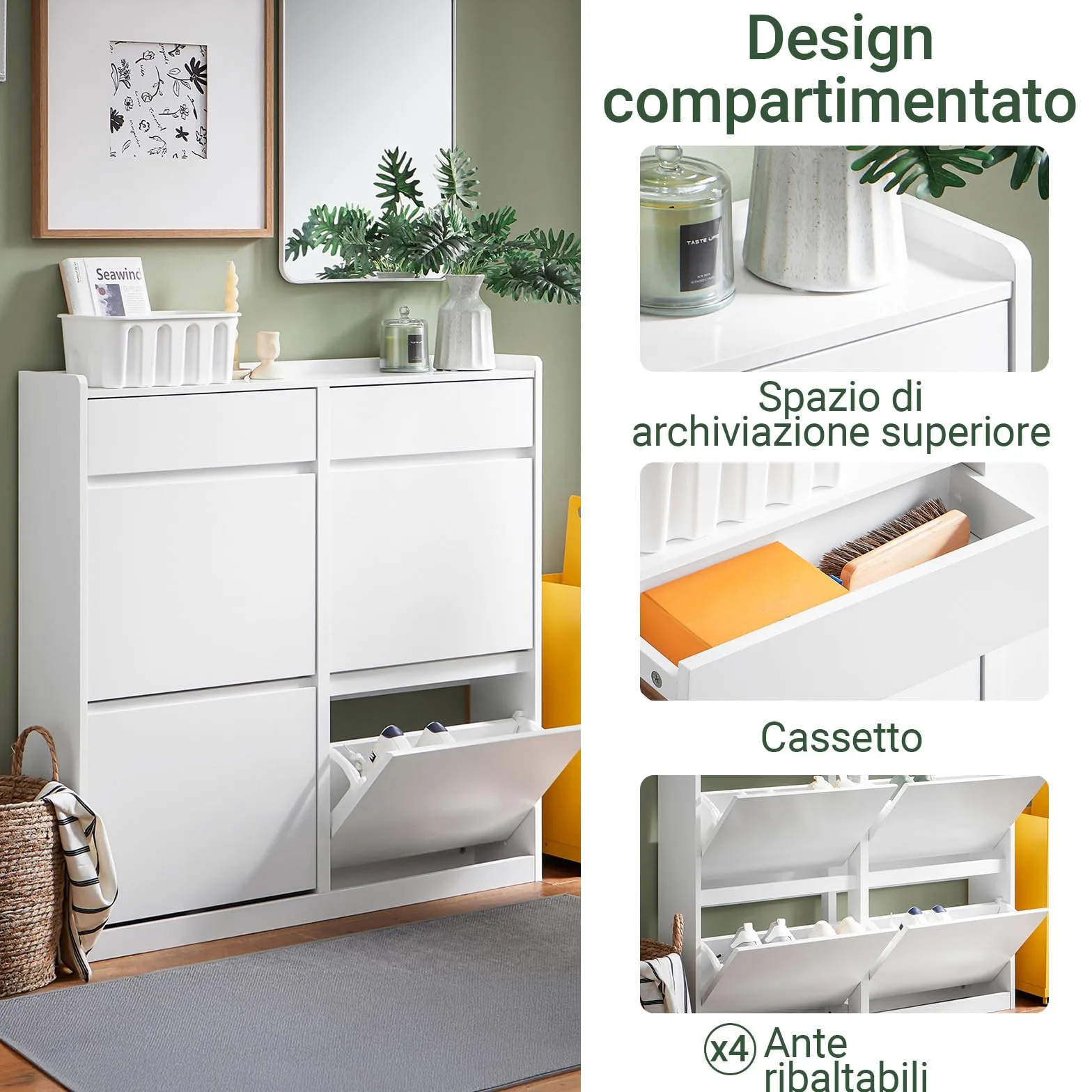 SoBuy Scarpiera Salvaspazio con 4 Ante Ribaltabili e 2 Cassetti, Grande Capacità, Mobile Scarpiera per Ingresso e Corridoio, Ideale per Piccoli Appartamenti - Design Moderno, 98x19x95cm – FSR169-W