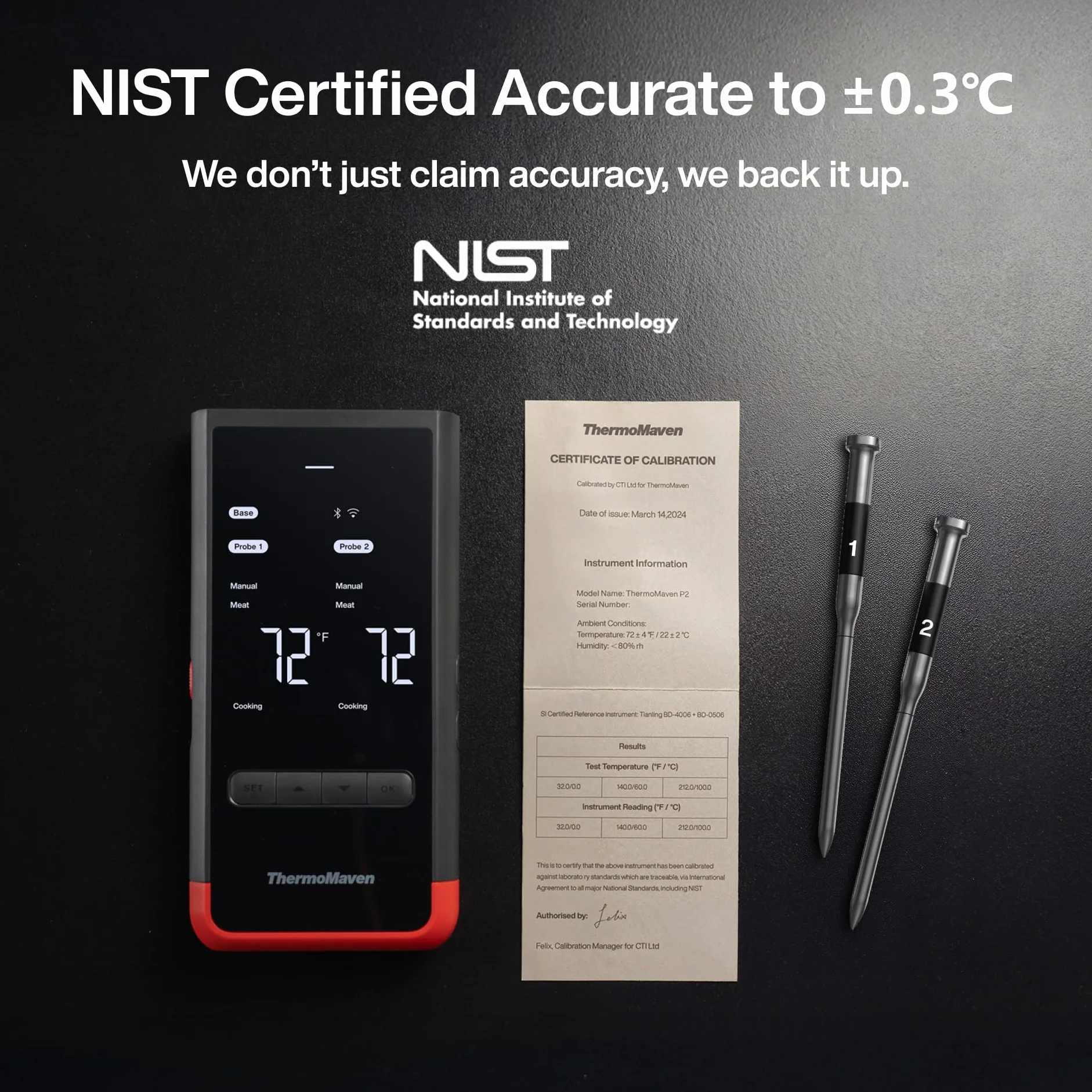 ThermoMaven P2 Termometro intelligente per carne senza fili – 152 m Bluetooth 5.3, 2 sonde 6 sensori, monitoraggio Wi-Fi illimitato, stabilità, impermeabile IPX8, per barbecue, forno, cucina, alimenti