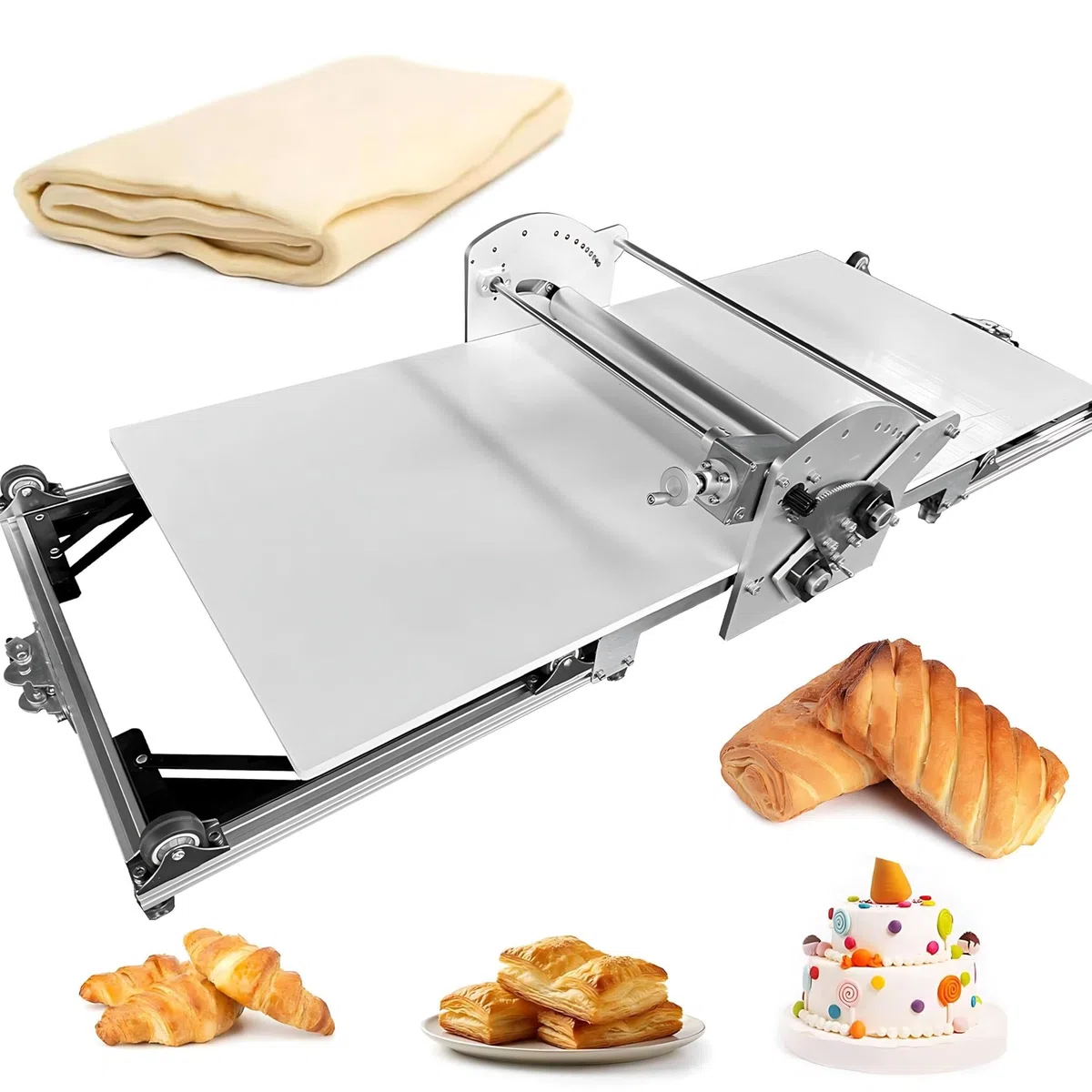 Macchina per stendere la Pasta Automatica Pieghevole, in Acciaio Inox, da Tavolo, per Croissant, Fondente, Pizza, sfogliatrice, Spessore Regolabile, 130x57x23 cm