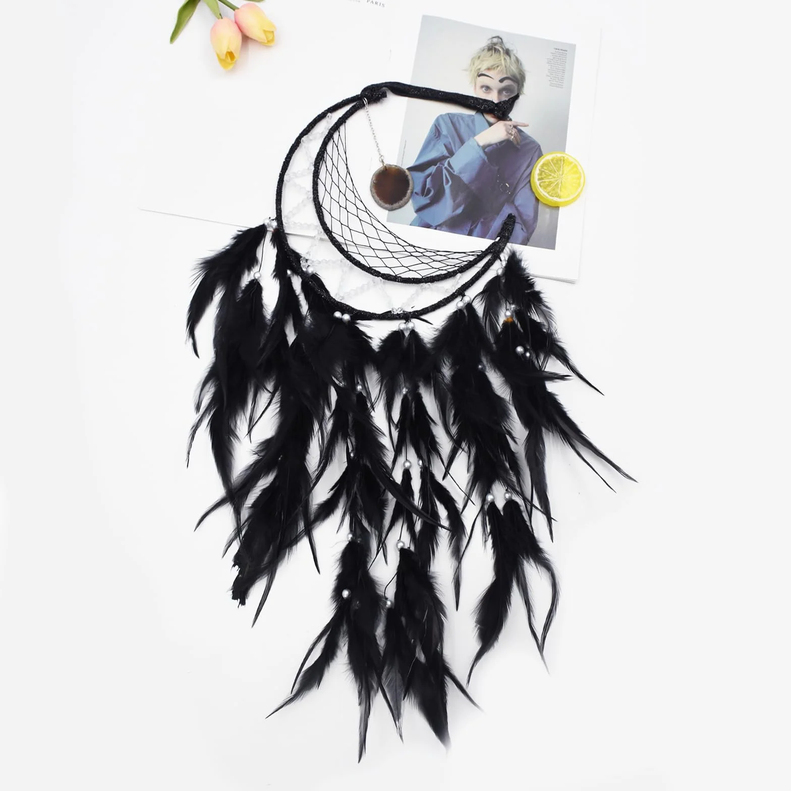 Acchiappasogni Luna Handmade decorazione da parete Boho per camera da letto regalo nero
