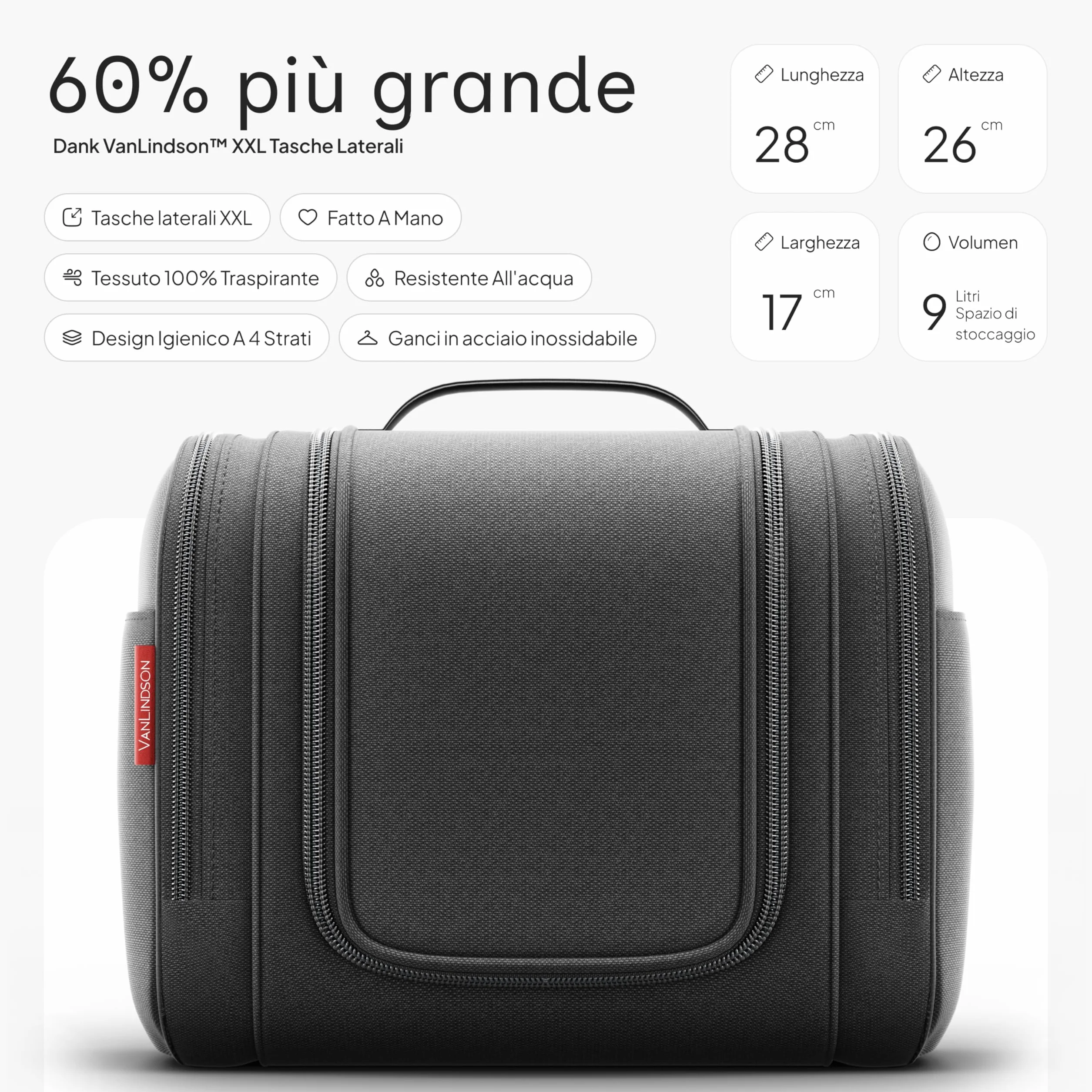 VanLindson Beauty Case da Viaggio XXL 9 Litri 3-in-1 Trousse Appendere Impermeabile Borsa Toilette Nero Opaco