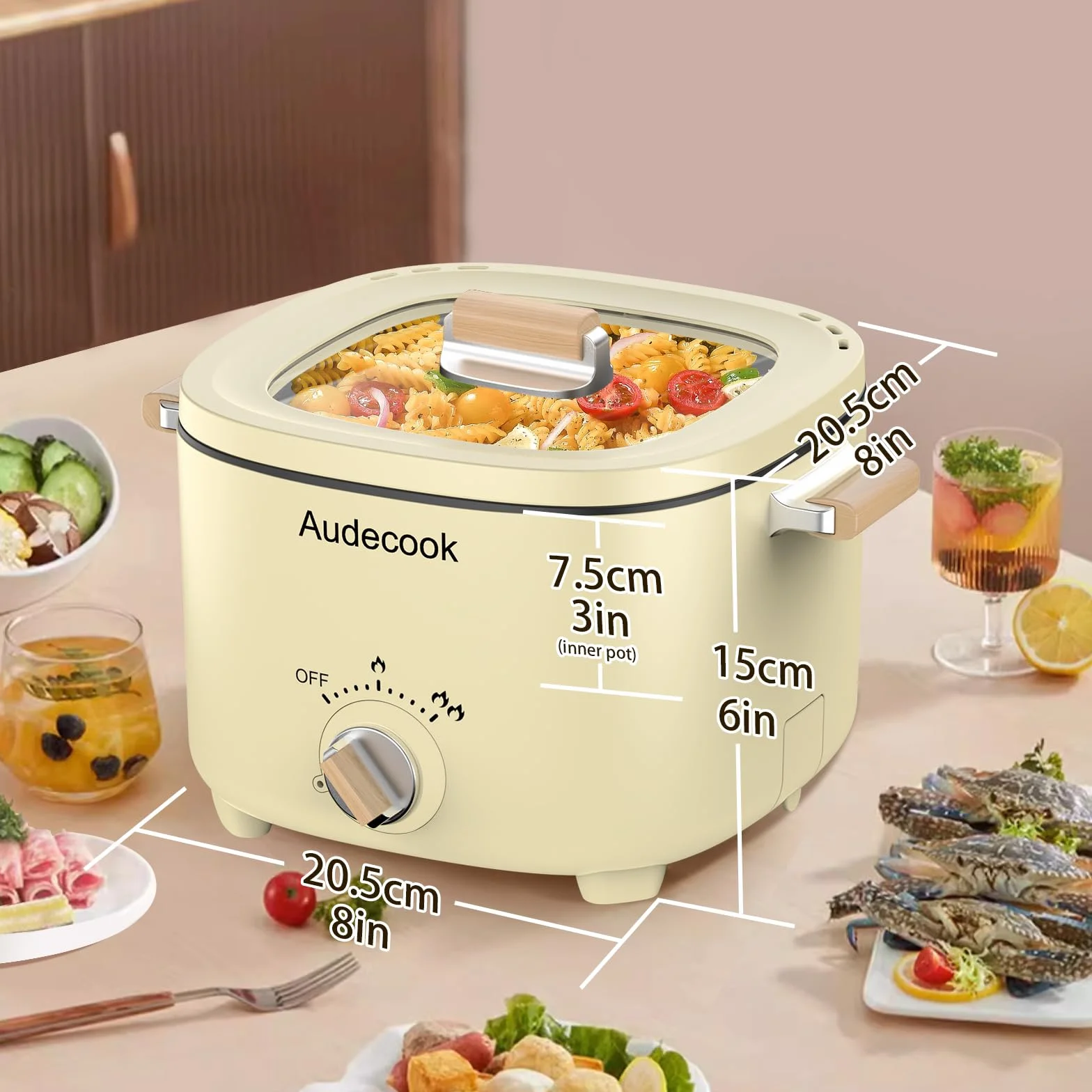 Audecook Mini Hot Pot Elettrica 2.5L Antiaderente Pentola Elettrica 1-3 Persone Beige