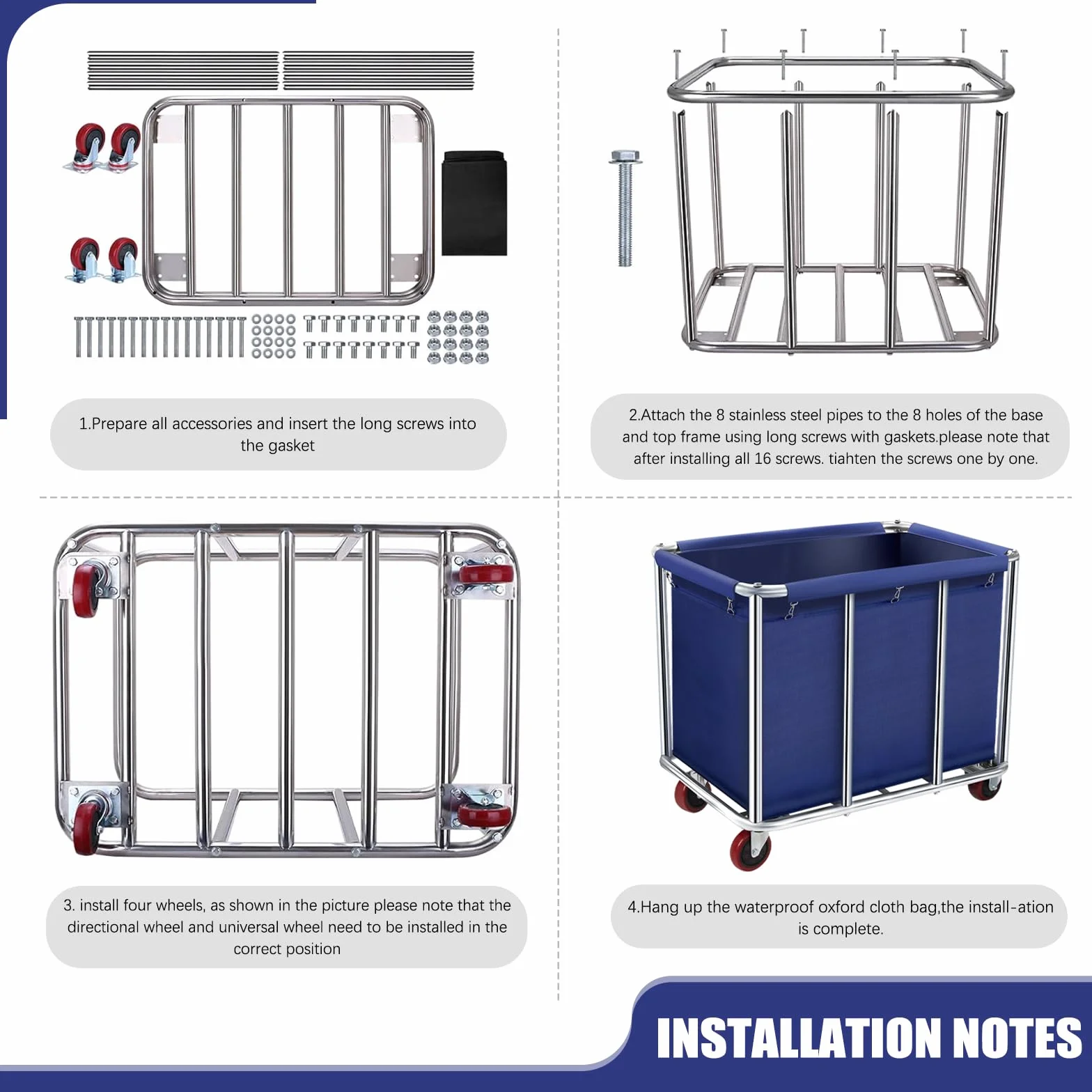 Carrello portabiancheria commerciale su ruote, grande rullo da 11,35 cm, con cesto foderato in tela impermeabile rimovibile, in acciaio inox resistente, per hotel e ospedali