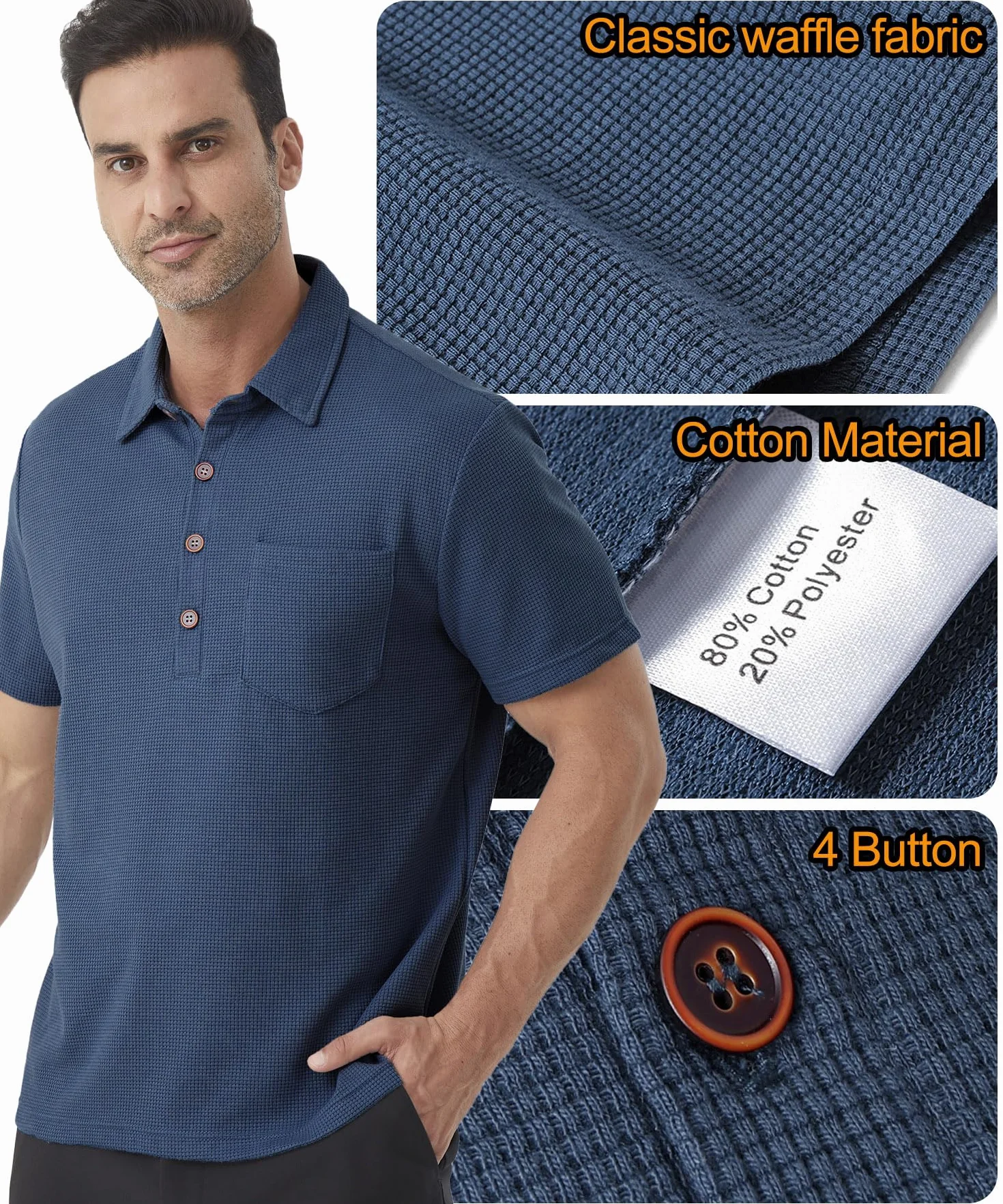 Polo da Uomo Manica Corta Tennis Golf Waffle a Maglia T-Shirt Ricami Poloshirt Camicia Cotone Piquet con Colletto e Bottoni Evolution