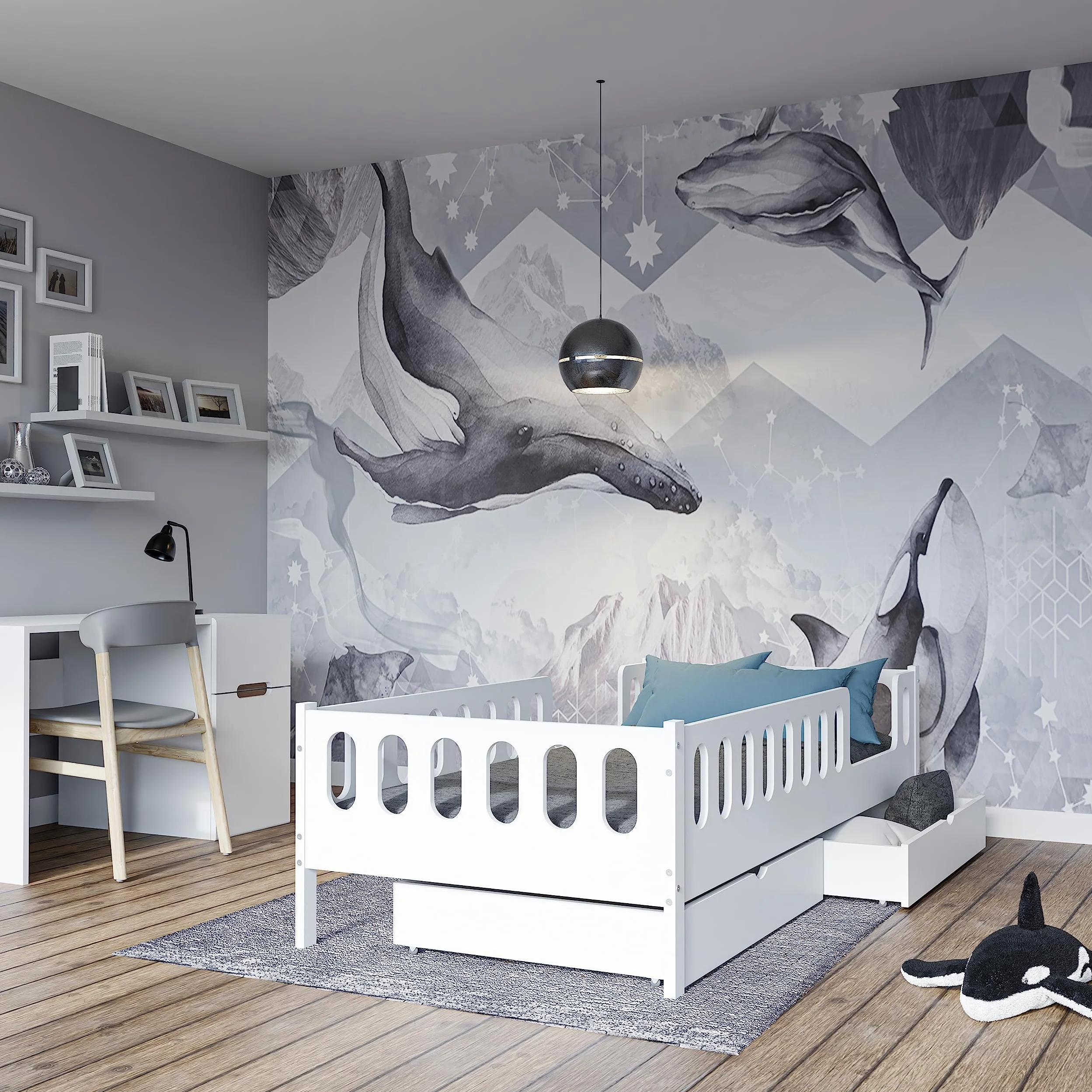 LARS 2 in 1 Letto per bambini Letto per ragazzi 200x90 cm - Bianco, 2 cassetti, Protezione antiribaltamento rimovibile, Convertibile in Letto Junior, Design Montessori, Legno massello, Include doghe