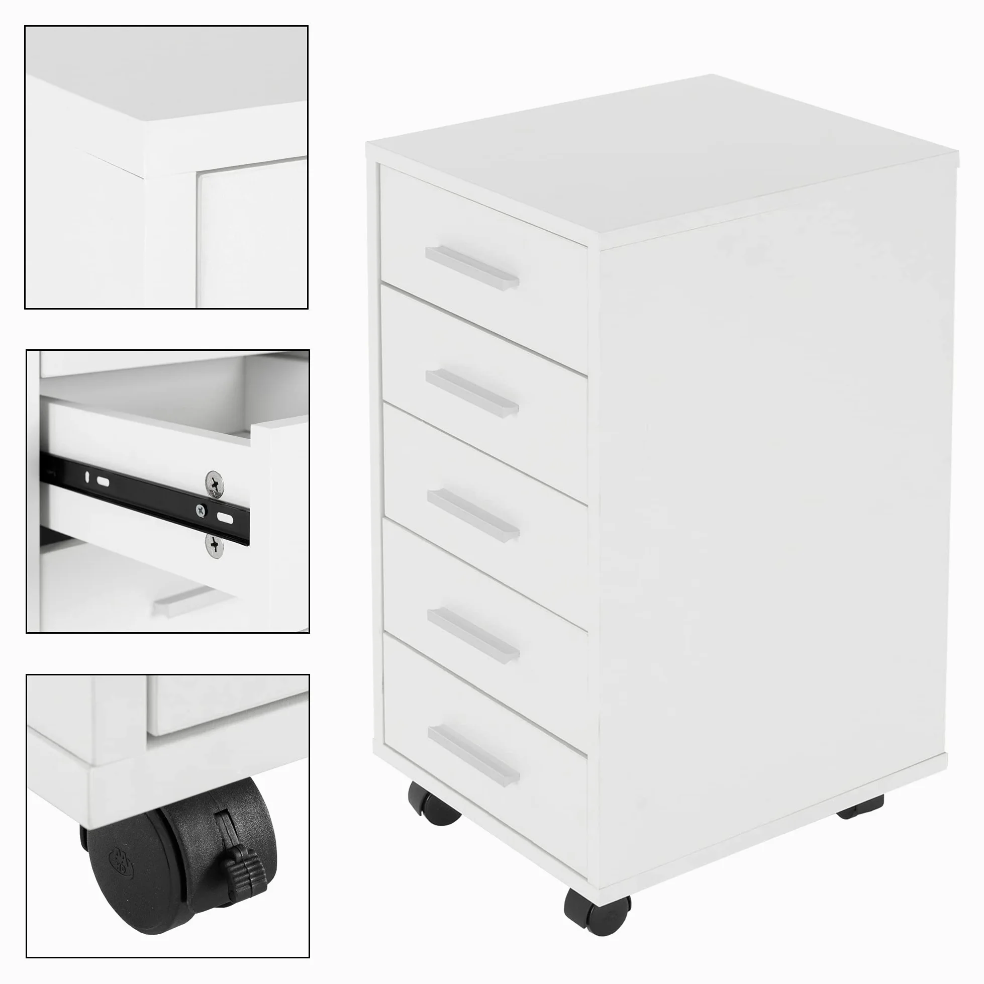 ML-Design Set 2x Cassettiera Mobile da Ufficio 33 x 38 x 63,5 cm Bianco con 5 Cassetti Rivestimento a Melamina e Maniglie in Alluminio, Mobiletto Archivio Documenti Armadio Portaoggetti con Ruote