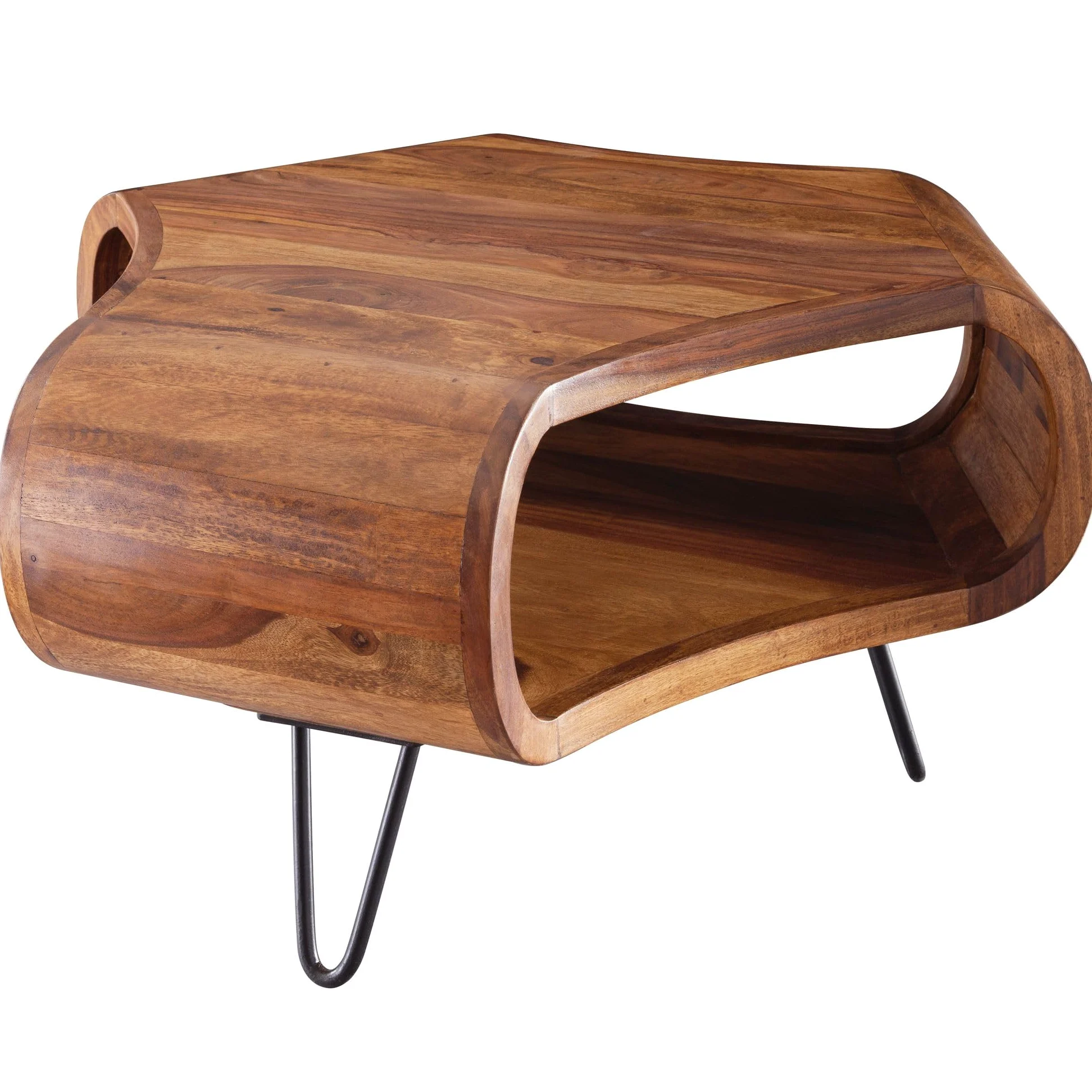 FineBuy Tavolino 55x55x38 cm Sheesham Massello con Vano Portaoggetti | tavolino da soggiorno con gambe in metallo in stile country, tavolino piccolo da divano in legno, pezzo unico fatto a mano