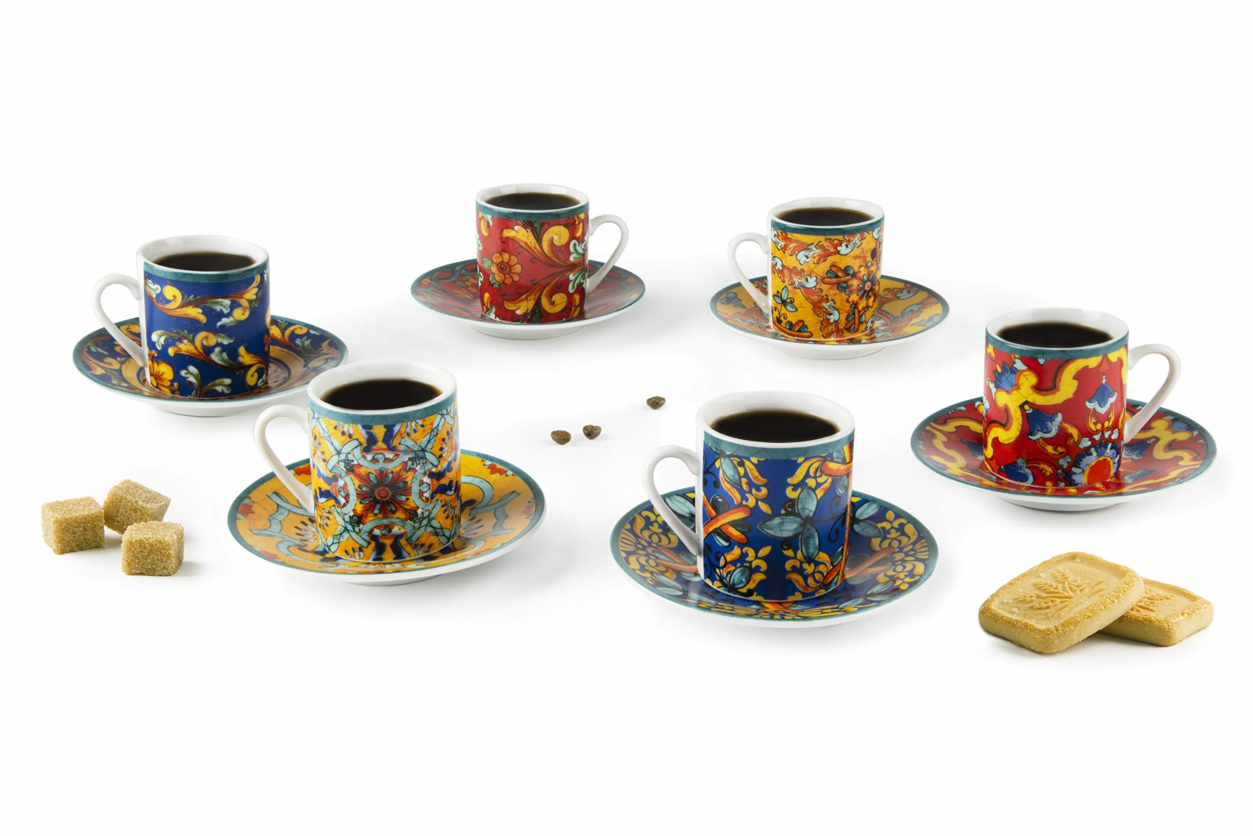 Excelsa Porcellana Trinacria Set 6 tazzine da caffè con piattino multicolore
