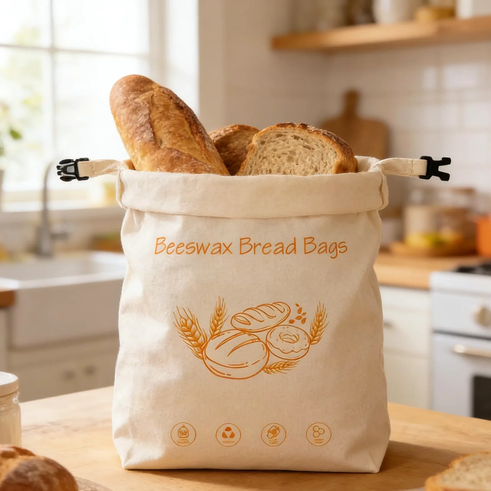 Borsa per alimenti in cotone biologico, cera d'api, con elastico e moschettone, essenziale per la cucina sostenibile per pane, formaggio, soluzione sostenibile per la cucina