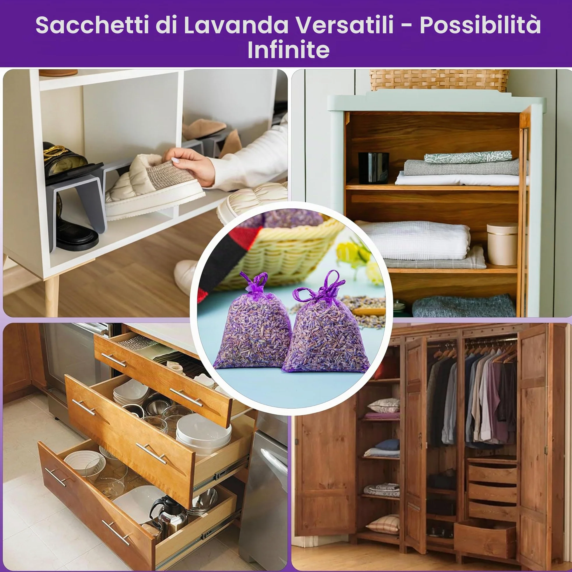 Sacchetti di Lavanda - Set di 14 Lavanda Sacchetti Profumatori Armadio e Cassetti – Profumatore Naturale Casa e Auto, Antitarme per Armadi Vestiti – Sacchetti Profumati per Armadio