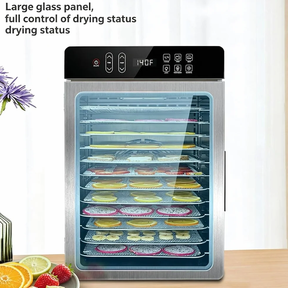 Essiccatore per Alimenti professionale 800W in Acciaio Inox, 10 Vassoi in Acciaio Inox, Grande Capacità, Display LED, Timer 24H, Temperatura Regolabile 30℃ – 90℃, per Carne, Frutta, Verdure(10 tray)