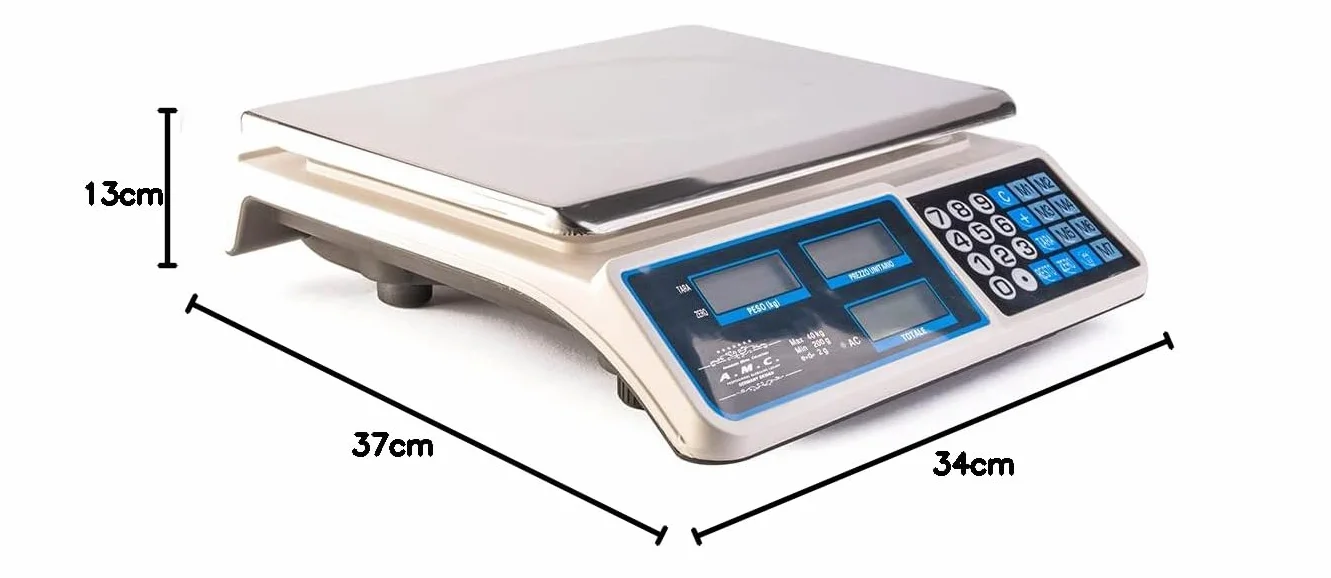 AMC Bilancia elettronica digitale da banco con 7 tasti di memoria, acciaio inox, 6 lcd, totale e peso portata max 40 kg divisione 2g