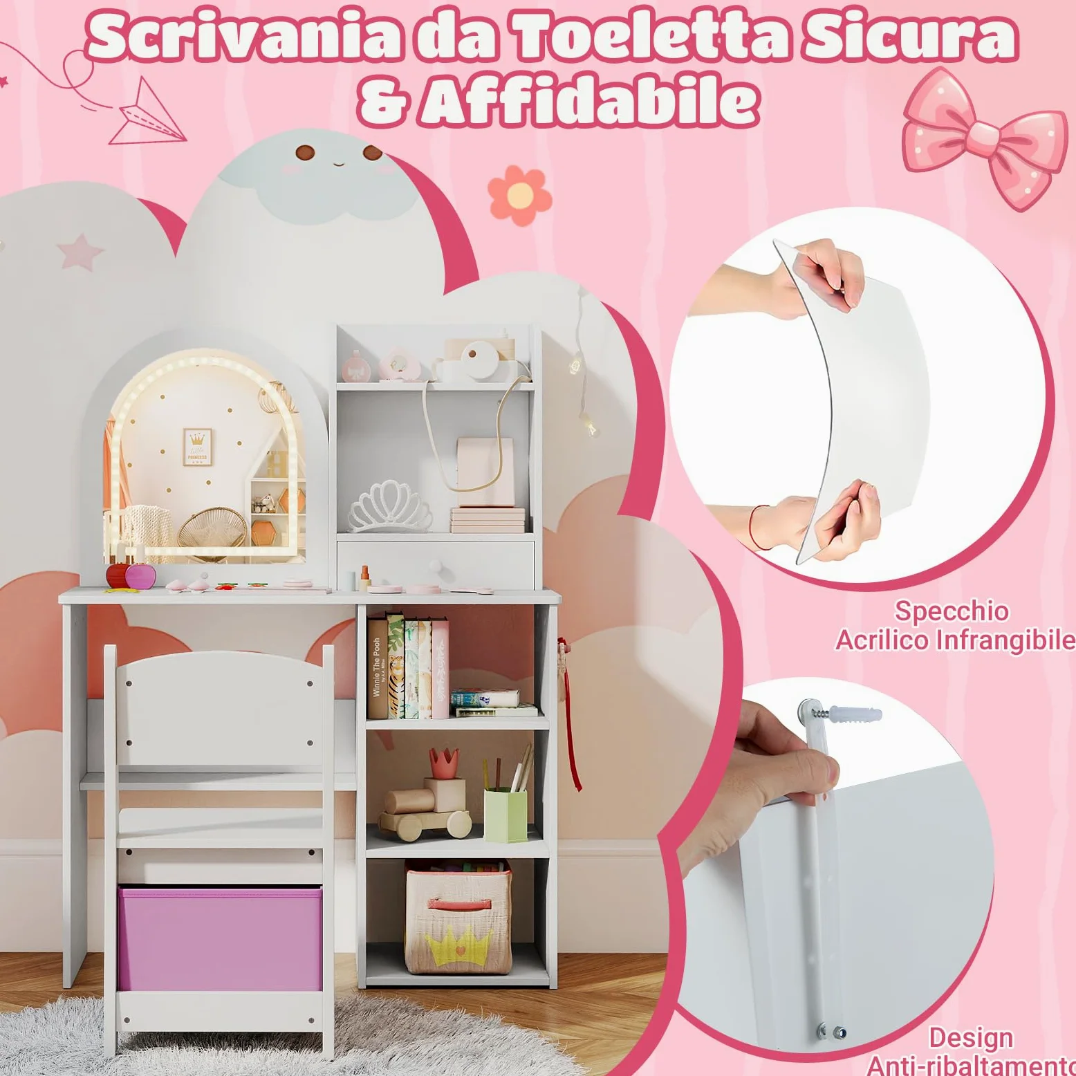 COSTWAY Toeletta Trucco per Bambina con Sgabello, Tavolo Trucco in Legno con Specchio Luci LED, Ripiani Aperti, 3 Ganci e Cassetto, Set Mobile da Principessa con 5 Giocattoli per 3+ Anni (Bianco)
