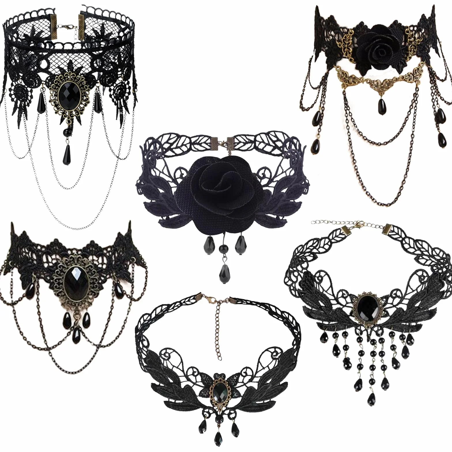 Girocollo in Pizzo Nero 6 Pezzi Choker Donna Collana Vintage Accessori Halloween