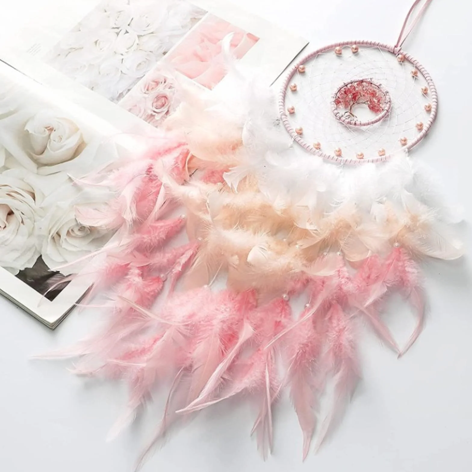 Acchiappasogni Piume Led Indiano Dream Catcher Wall Decorazione Fatto a Mano Regalo di Natale Rosa