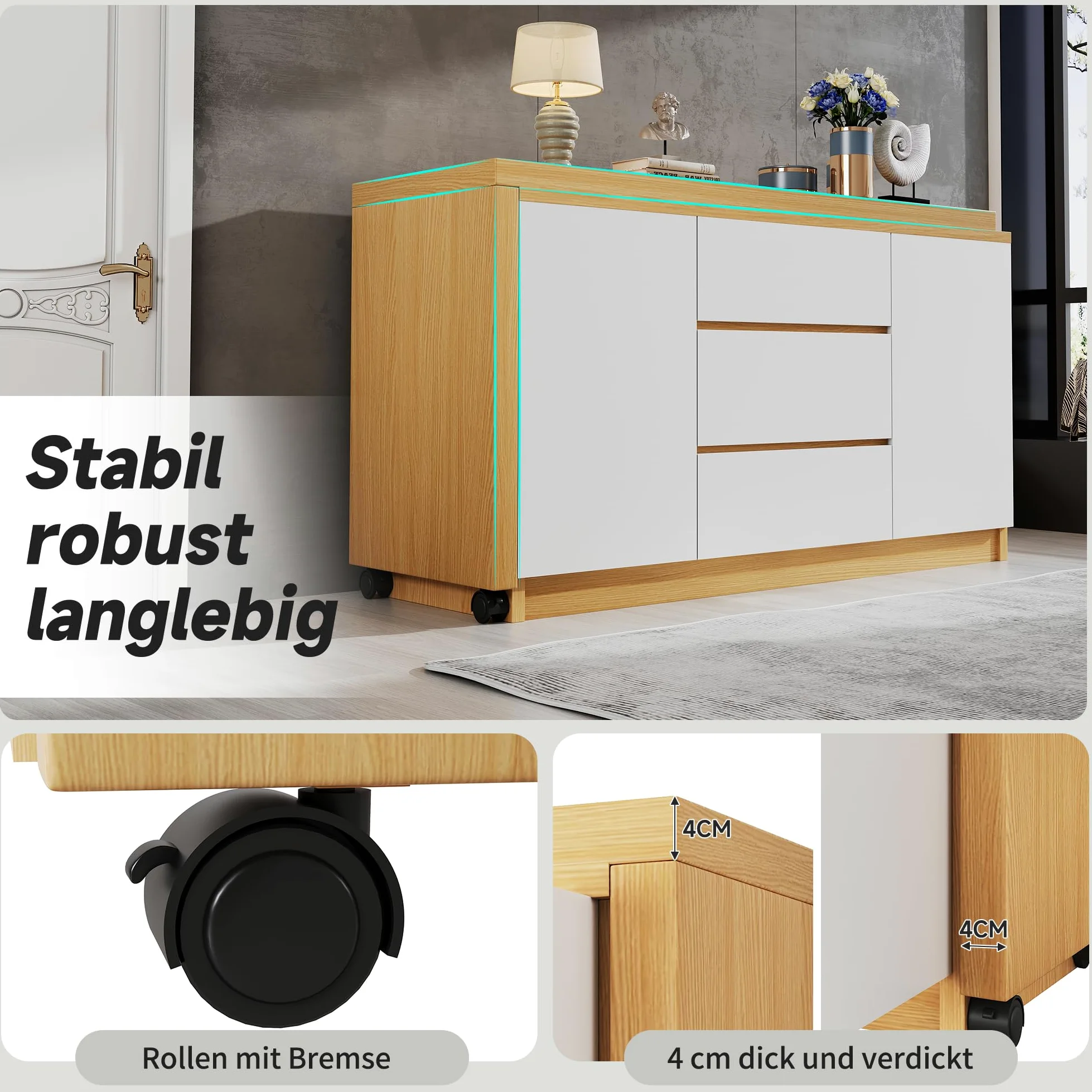 Scrivania con ruote bloccabili, design multifunzionale, 4 cm di spessore, piano girevole bloccabile, scrivania pieghevole, scrivania angolare, credenza (legno + bianco)