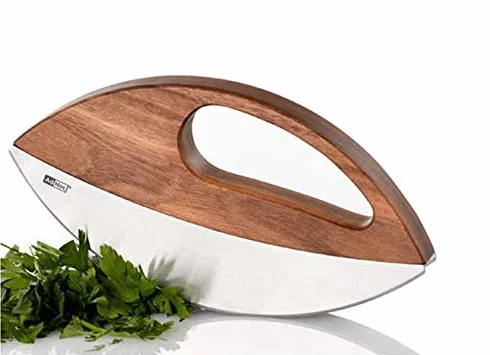 MEZZALUNA IN LEGNO DI ACACIA A DOPPIA LAMA IN ACCIAIO INOX X TRITARE AROMI ED ERBE"ADHOC"