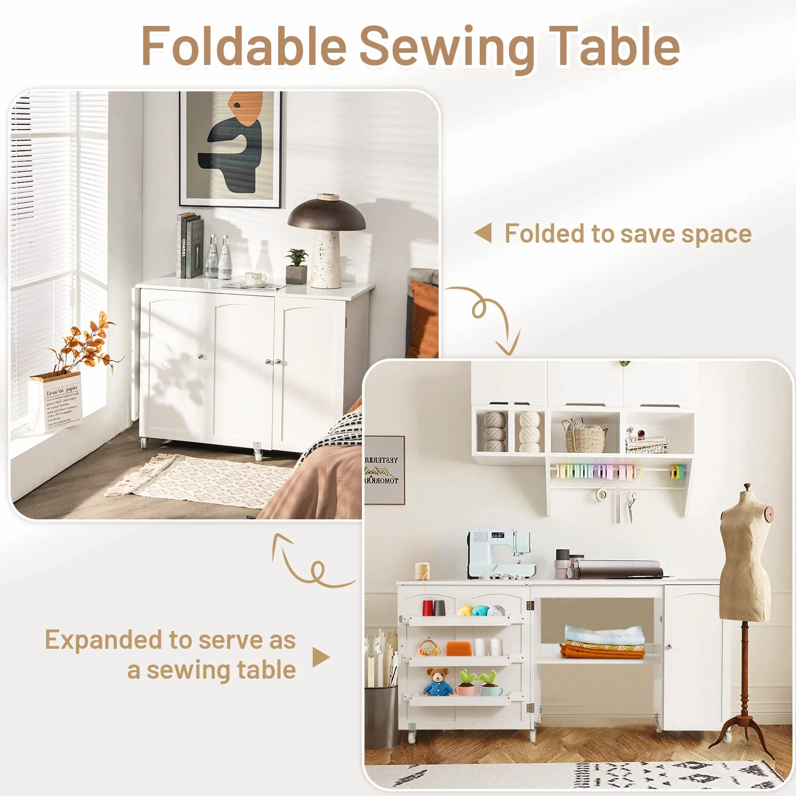 GIANTEX 2 in 1 Mobiletto Cucito Tavolo Cucire Pieghevole con Ruote Armadio Legno Salotto Ufficio 55kg 158,5x50x74cm Bianco