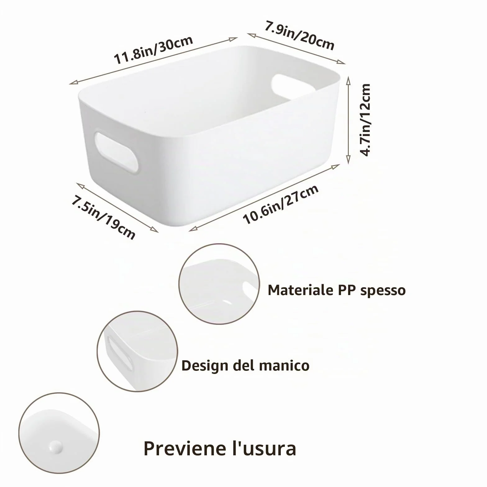 Scatola portaoggetti in plastica 30x20x12cm con manici organizer per cucina bagno Bianco