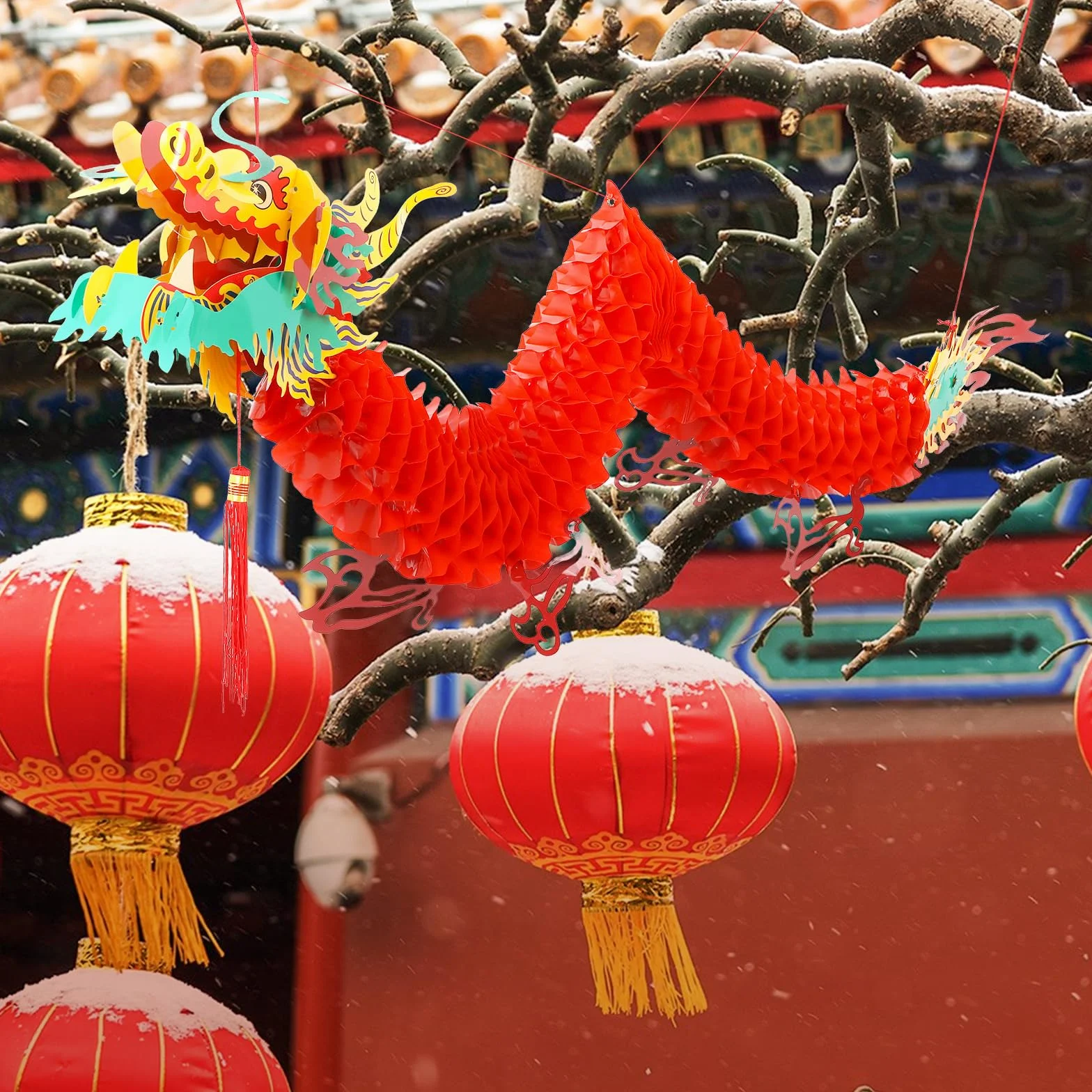 Amosfun Cinese Lanterne Di Plastica 1,5M Decorazioni Capodanno Drago Tradizionale Ornamenti Sospesi Festa