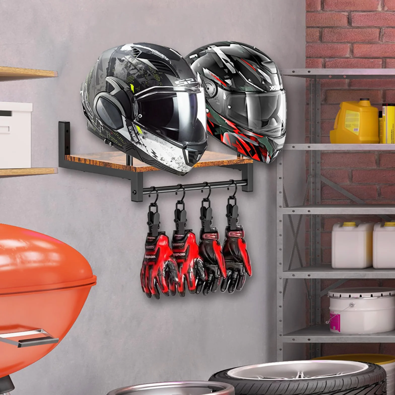Porta Casco Moto da Parete per 2 Caschi con 4 Clip Appendere Guanti Abbigliamento Moto