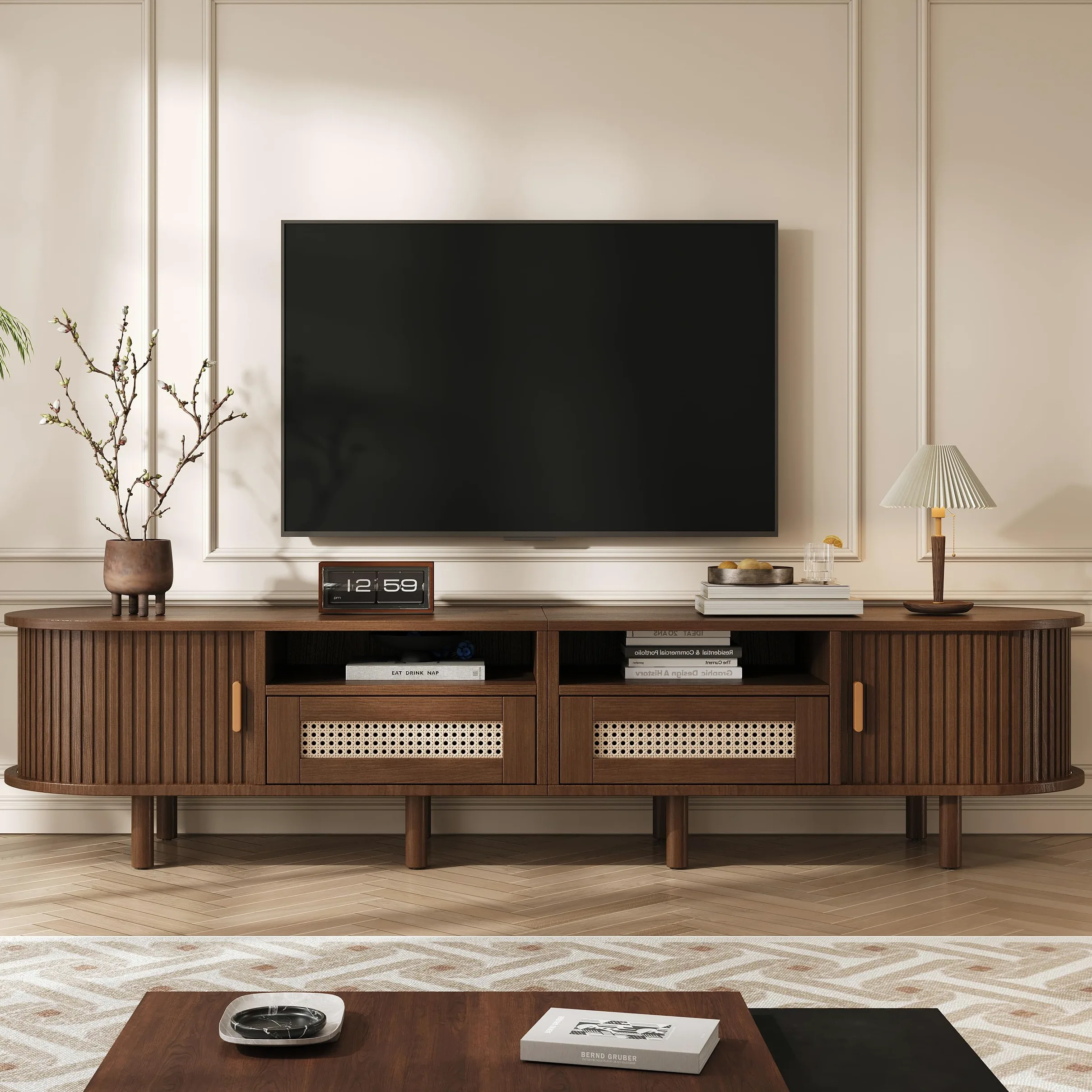 SACOOL Supporto per TV ovale e tavolo per TV, 170 x 40 x 40 cm, mobile TV con 2 cassetti design in rattan, 2 ante scorrevoli, lowboard fino a 70 pollici, tavola TV e cassettiera TV, noce