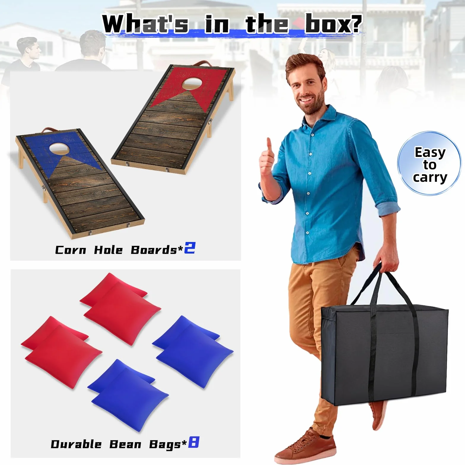 NZQXJXZ Set da Gioco per Cornhole in Legno Massello - 120x55 cm Tavole Pieghevoli per Cornhole con 8 Sacchi di Fagioli e una Borsa per il Trasporto, Giochi di Cornhole Portatili per Adulti e Famiglia