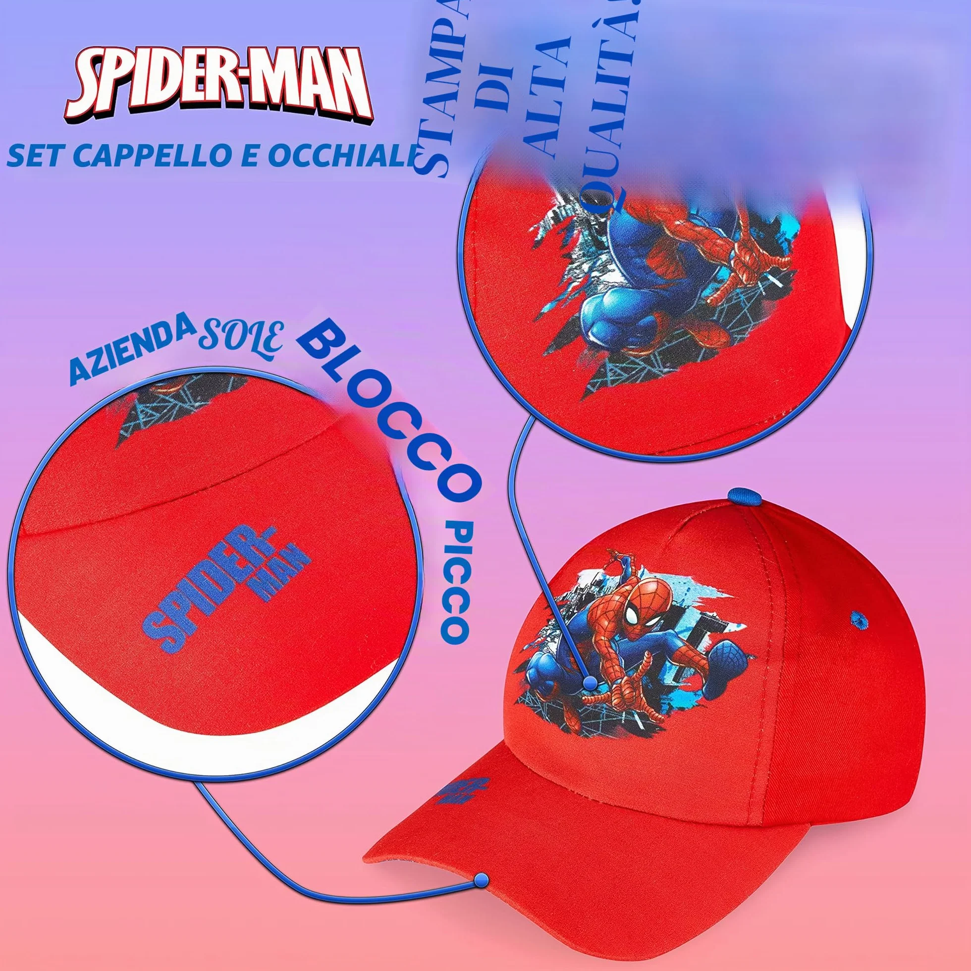 Marvel Spiderman Cappello Baseball Regolabile con Visiera e Occhiali da Sole Bambino Protezione UV400