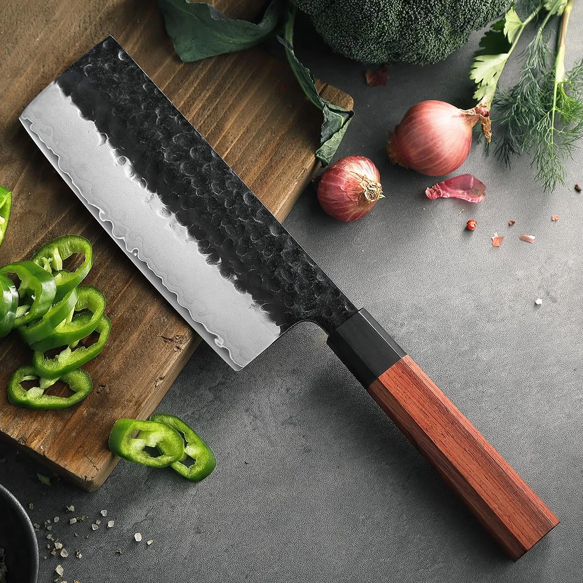 HEZHEN Coltello Nakiri Giapponese Multiuso per Affettare Carne e Verdure, Manico Ergonomico Ottagonale in Legno di Sequoia