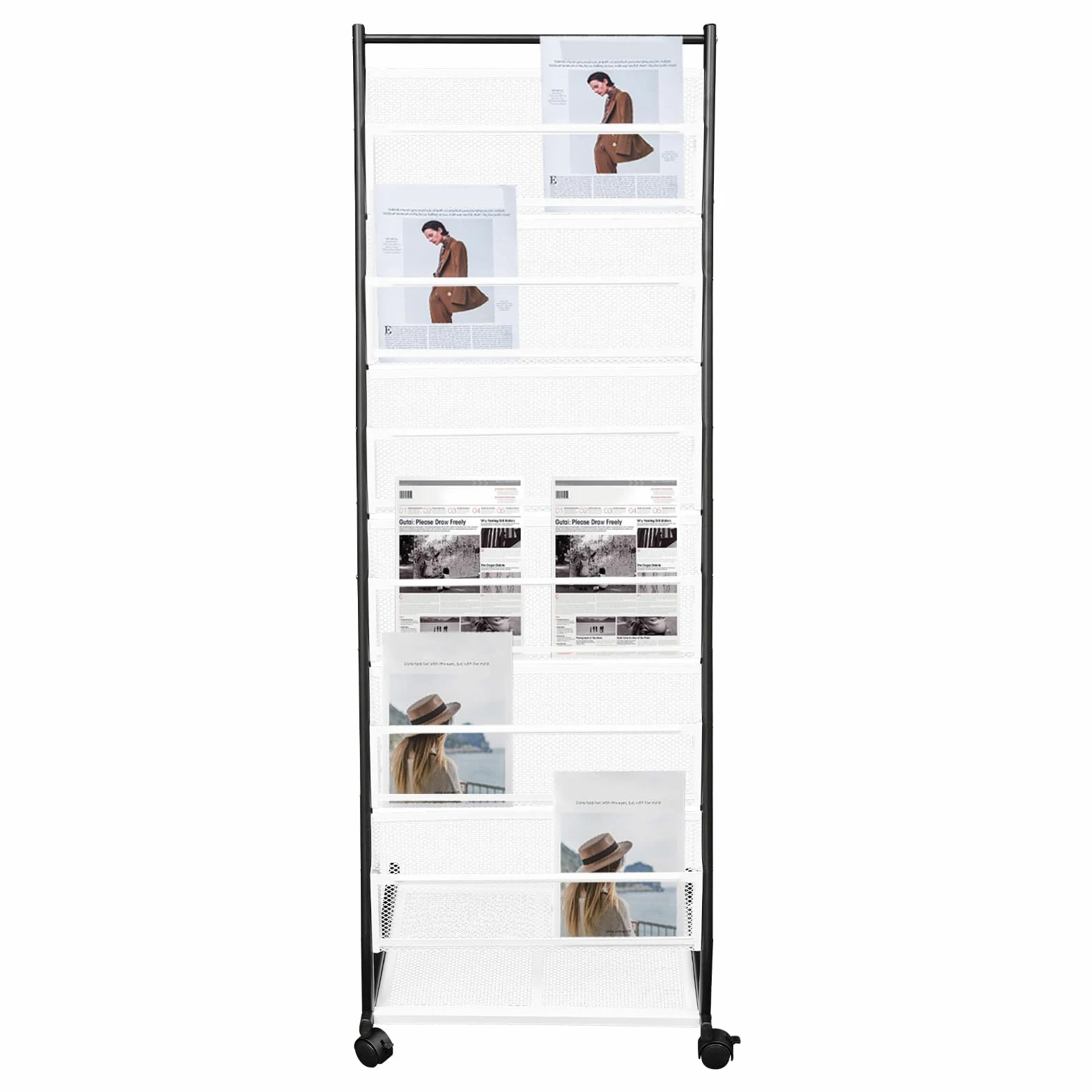 Supporto da pavimento a 6 livelli, 47,5 x 38 x 132 cm, portariviste con ruote, formato A4, in ferro, per caffetterie, ristoranti, uffici