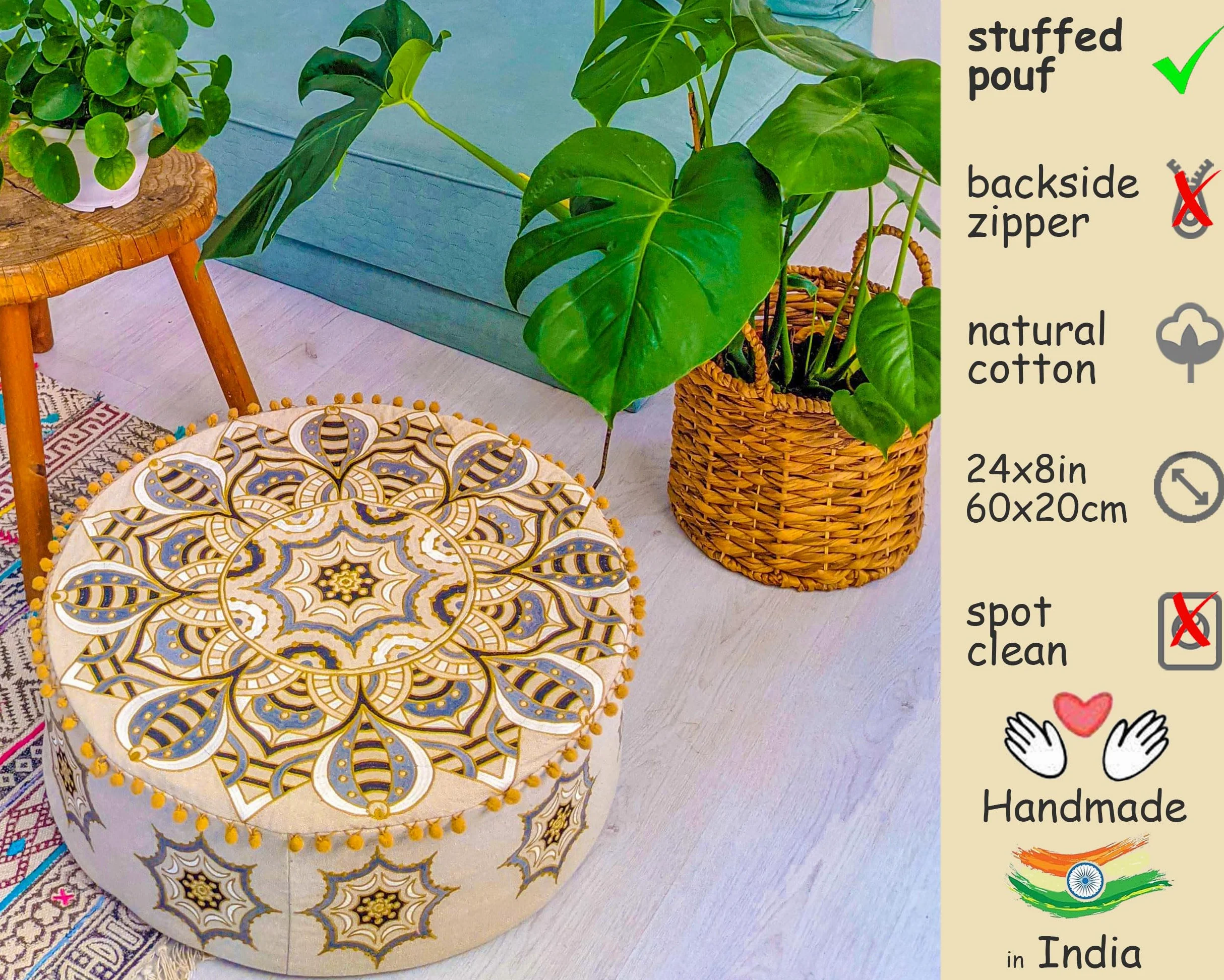 Sgabello marocchino imbottito, copertura ottomana, 60 x 20 cm, boho deco, per animali domestici, con decorazione artigianale, per meditazione, yoga e chic