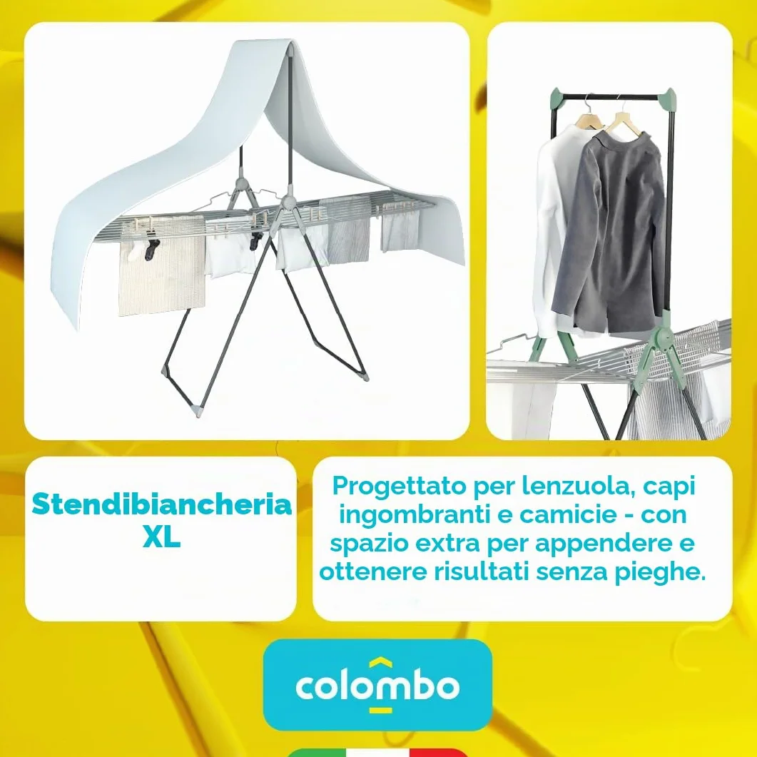 Colombo Stendibiancheria Titano con Barra Portabiti Pieghevole a 2 Livelli Acciaio Alluminio Antiruggine Capacità 15kg 30m Made in Italy
