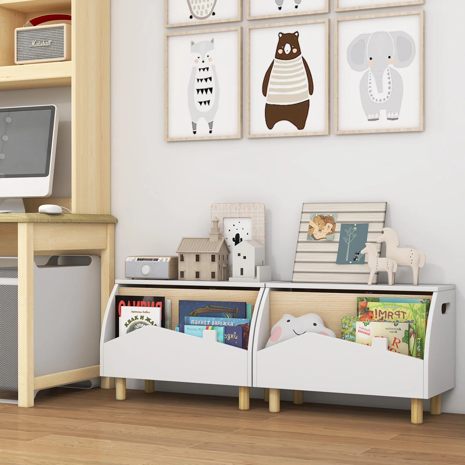 COSTWAY Libreria Montessoriana 2-in-1 in Legno per Bambini 60x30x44 cm Bianco