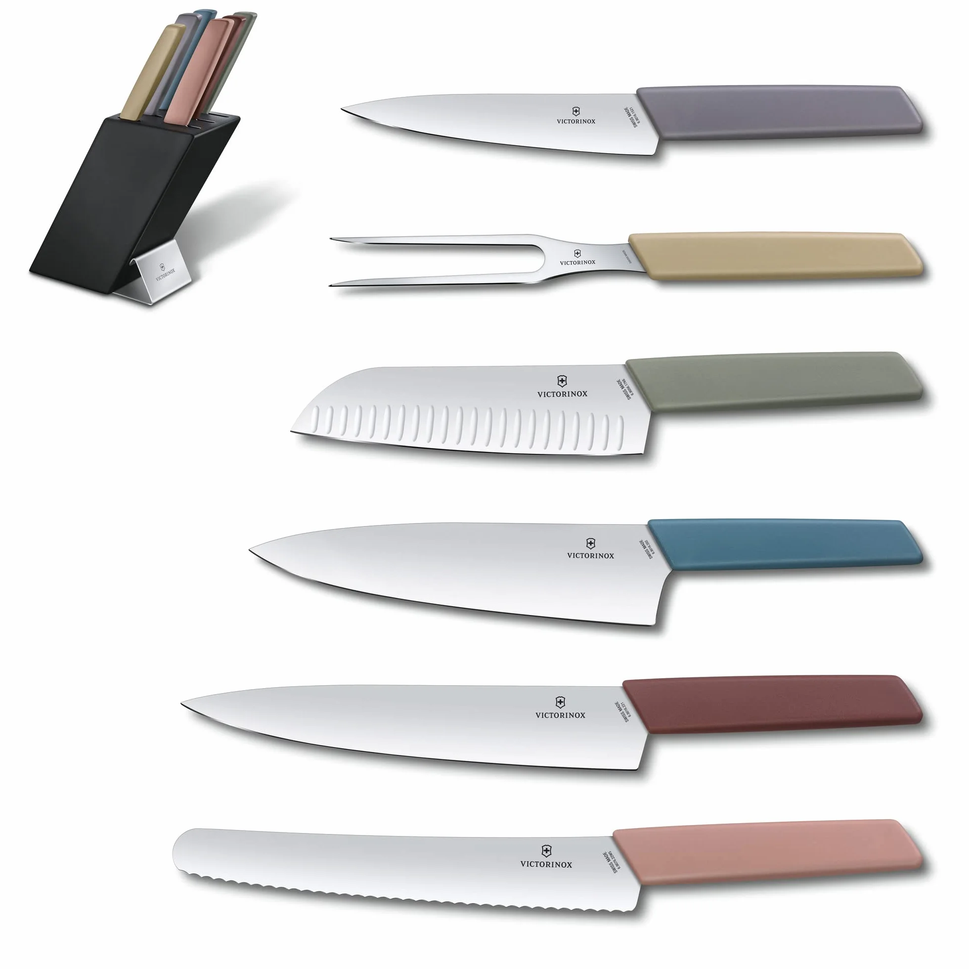 Victorinox Swiss Modern Ceppo di coltelli con 6 coltelli Riempito, 6 pezzi, custodia per coltelli da cucina, in legno, multicolore