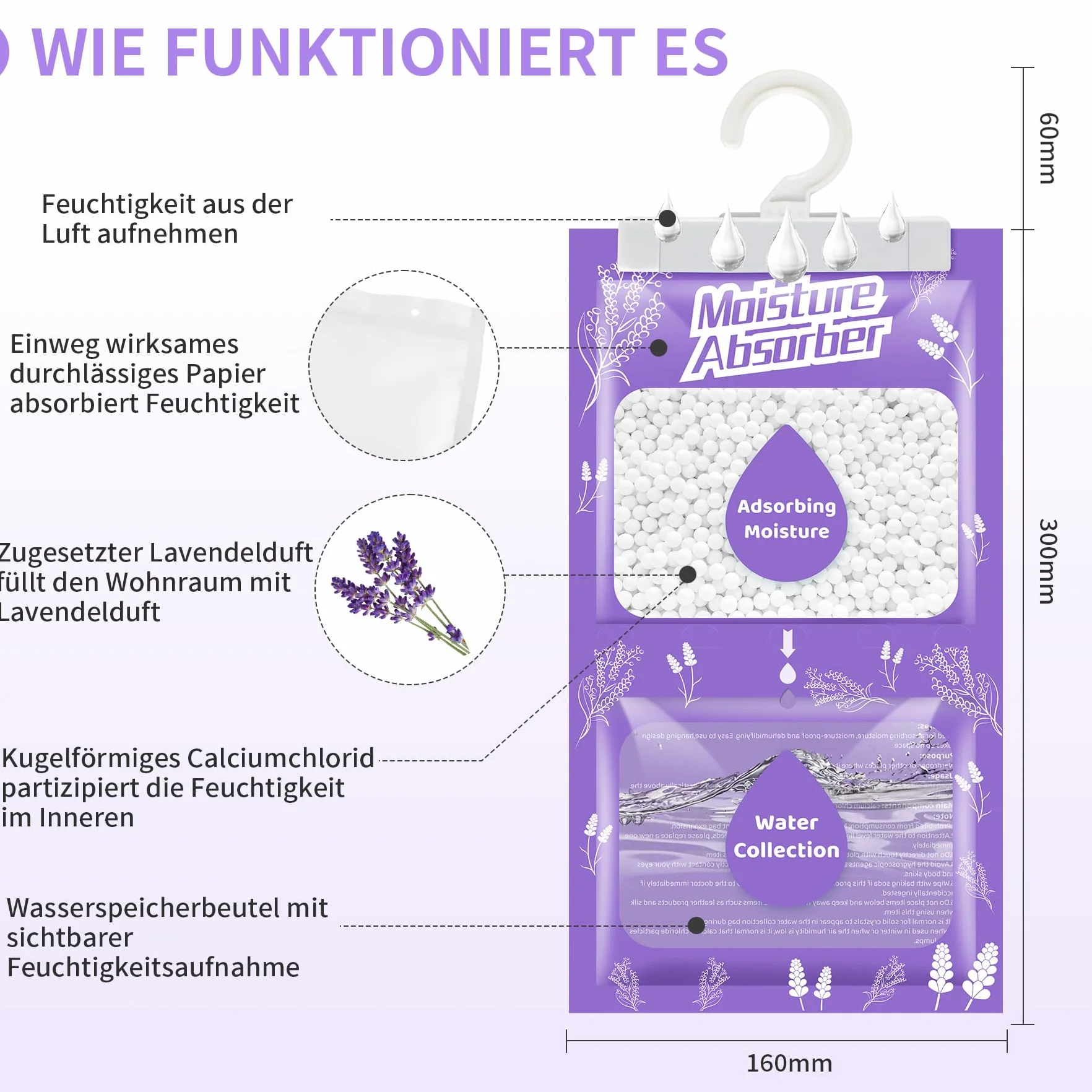 20 x 230 g, deumidificatore sospeso, con profumo, assorbitore di umidità per cantina, camera da letto, lavanderia, anti-umidità, anti-muffa, sacchetto di essiccante – lavanda