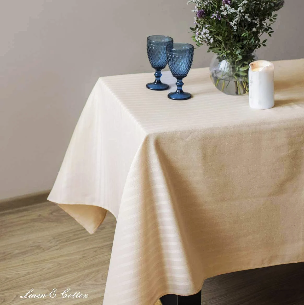 LINEN & COTTON Tovaglia da Tavola Elegante Jasmine - 48% Lino, 52% Cotone, Crema/Rosa Cipria (150 x 350 cm) Tovaglia Rettangolare Grande Lunga per Matrimonio Banchetto Compleanno Ristorante Albergo