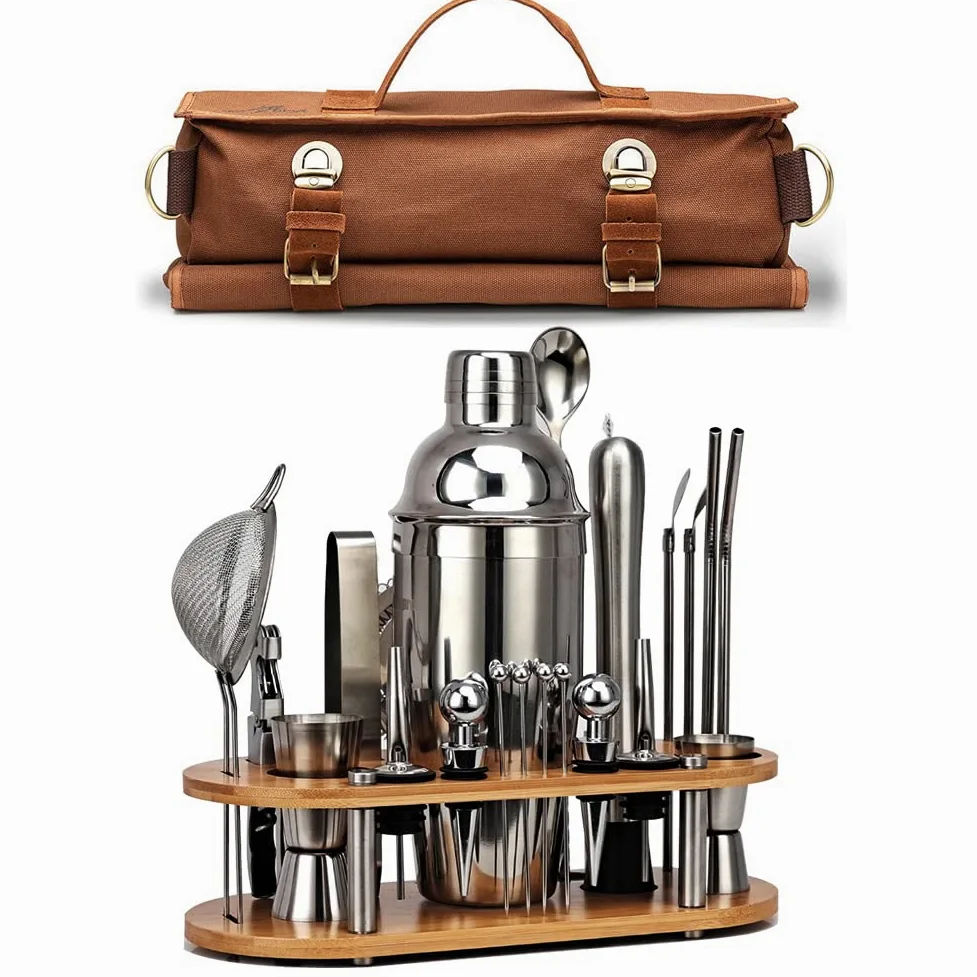 DUEBEL Kit da Barman | Set Professionale di 24 Pezzi per Mixology | con Borsa da Viaggio per Barman e Elegante Supporto in Bambù | Perfetto per Un'esperienza di Miscelazione di Bevande Eccezionale.
