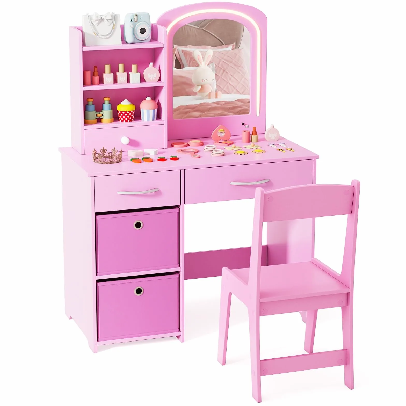 LIFEZEAL Specchiera Trucco Bambina, Specchio con Luci a 2 Colori, Toeletta Trucco Bambina, con Sedia, Postazione, con Cassetti e Scaffali, Tavolo per Bimbi 3 Anni + (rosa)