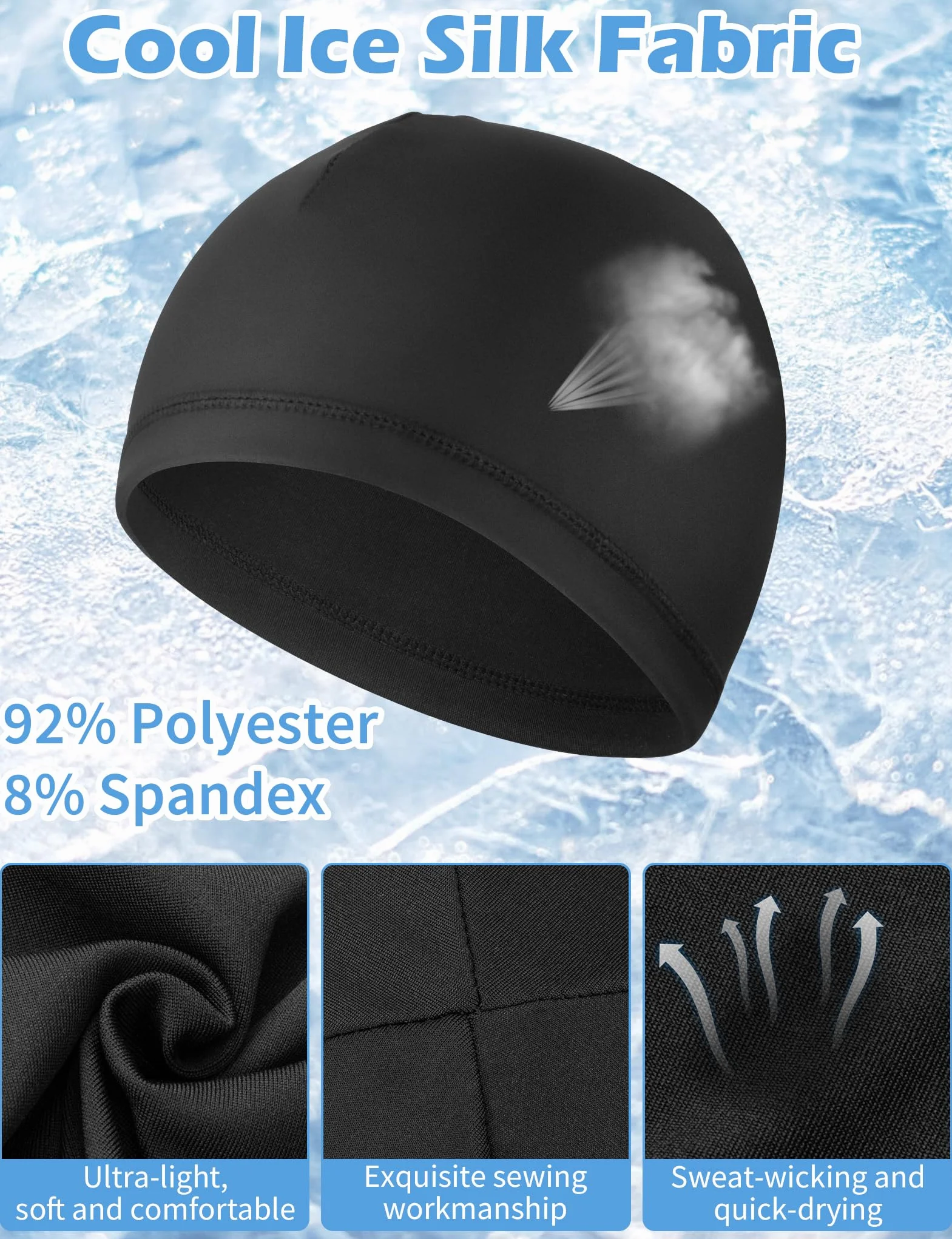 MELLIEX 3 Pezzi Sottocasco Bici Estivo, Berretto Skull cap in Seta Ghiaccio Traspirante Leggero Sottocasco Sportivo Notte per Uomo Donna