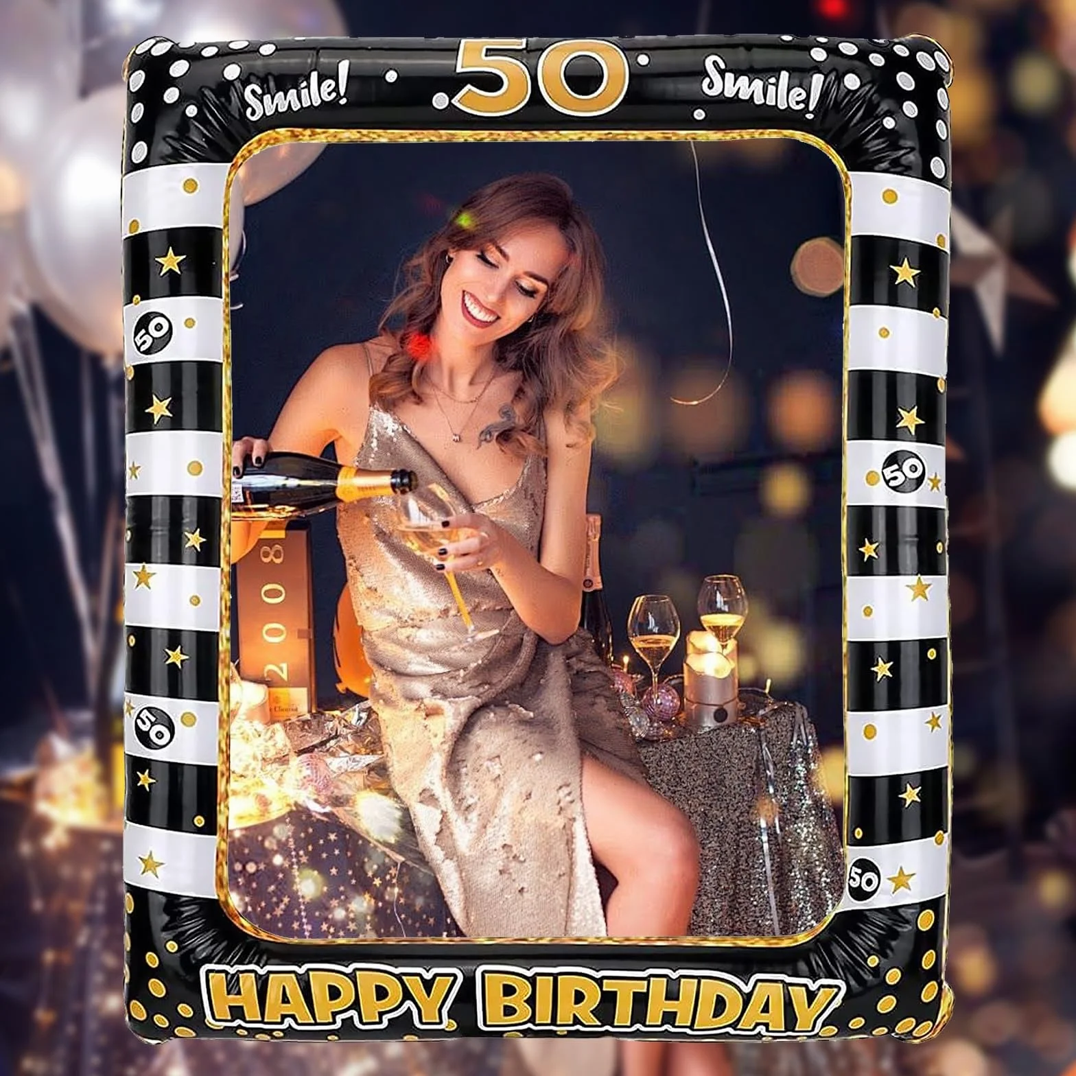 Cornice Portafoto Gonfiabile 50 Anni 71 x 58 cm Oro Compleanno Photo Booth Props