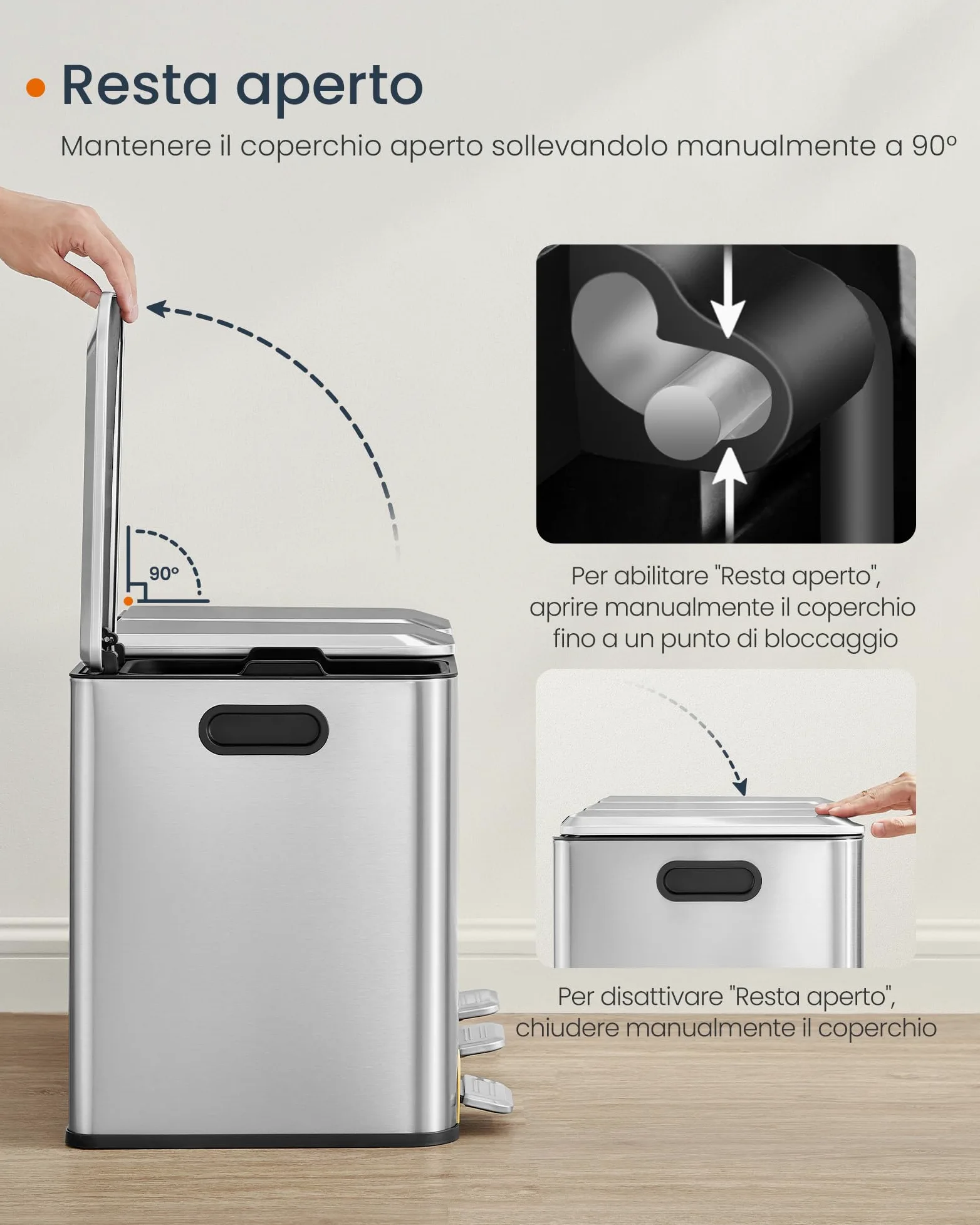 SONGMICS HOME Cestino da Cucina Tripla, Pattumiera per Raccolta Differenziata 3 x 15 L con Pedali Colorati, Raccolta Differenziata, Coperchio e Secchi Interni, Acciaio, Argento Metallizzato