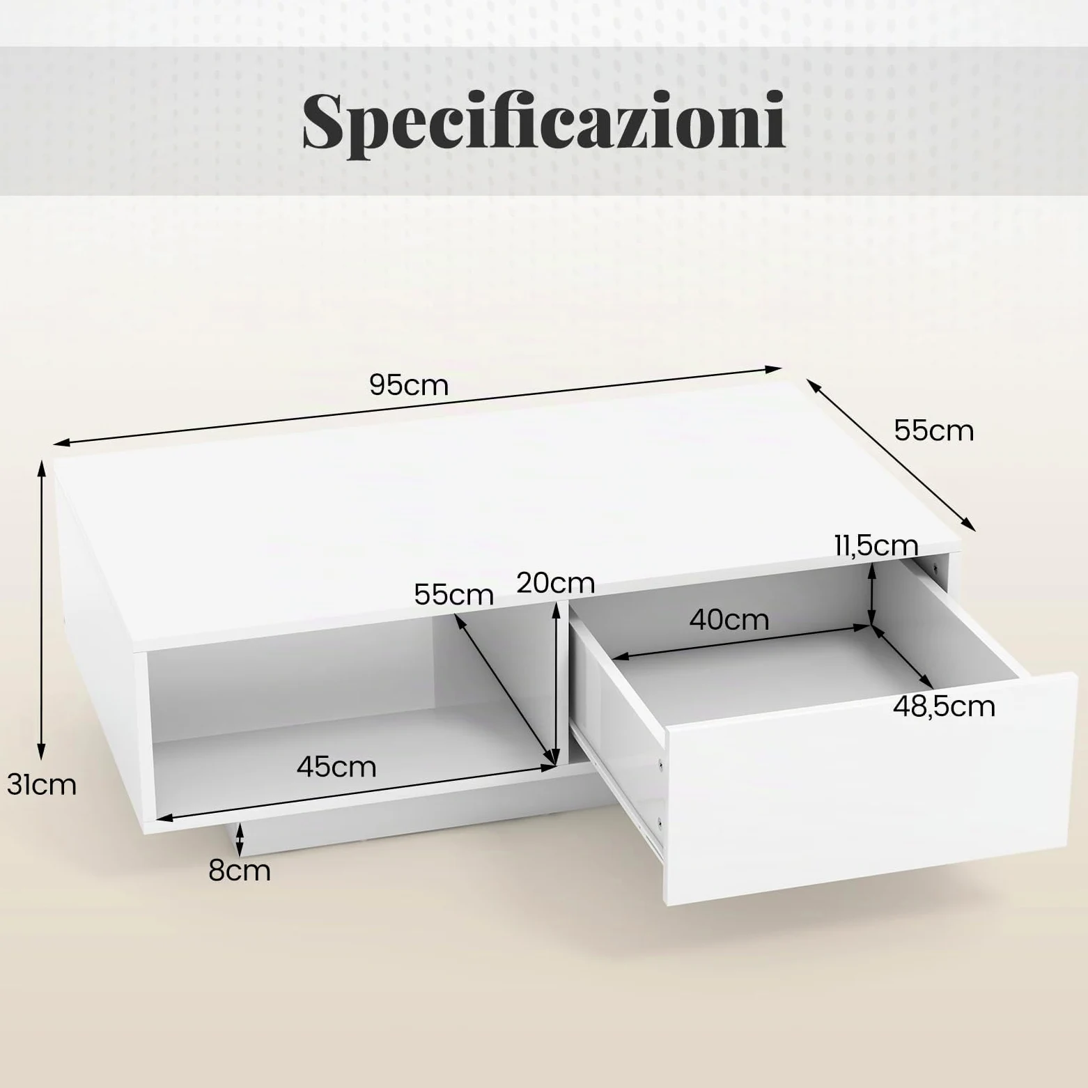 RELAX4LIFE Tavolino da Caffè Moderno 95x55x31cm, con 20 Luci LED Regolabili e Telecomando, in Legno con Finitura Lucida, Cassetto a Pressione e Ripiano Aperto, per Soggiorno, Max 65kg (Bianco)