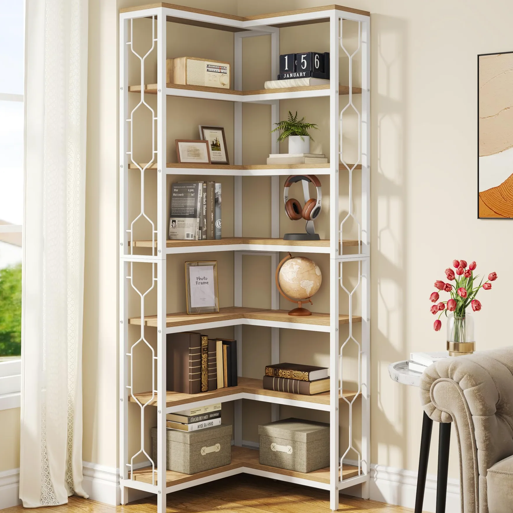 Tribesigns Etagere - Scaffale angolare industriale a 7 ripiani, in legno e metallo, scaffale autoportante per soggiorno, cucina, casa, ufficio, bianco e naturale