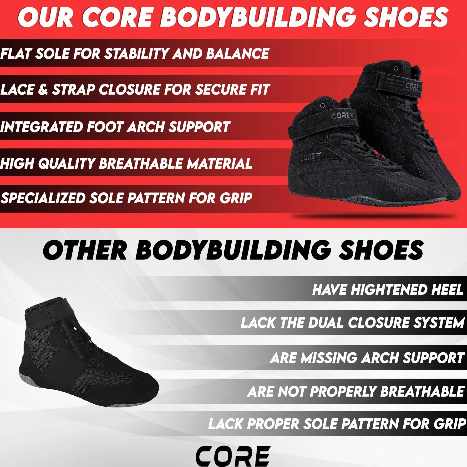 Nordcore Scarpe Bodybuilding Palestra Uomo Donna Sollevamento Pesi Powerlifting Deadlifting Squat Suola Piatta Antiscivolo Supporto Arco Plantare